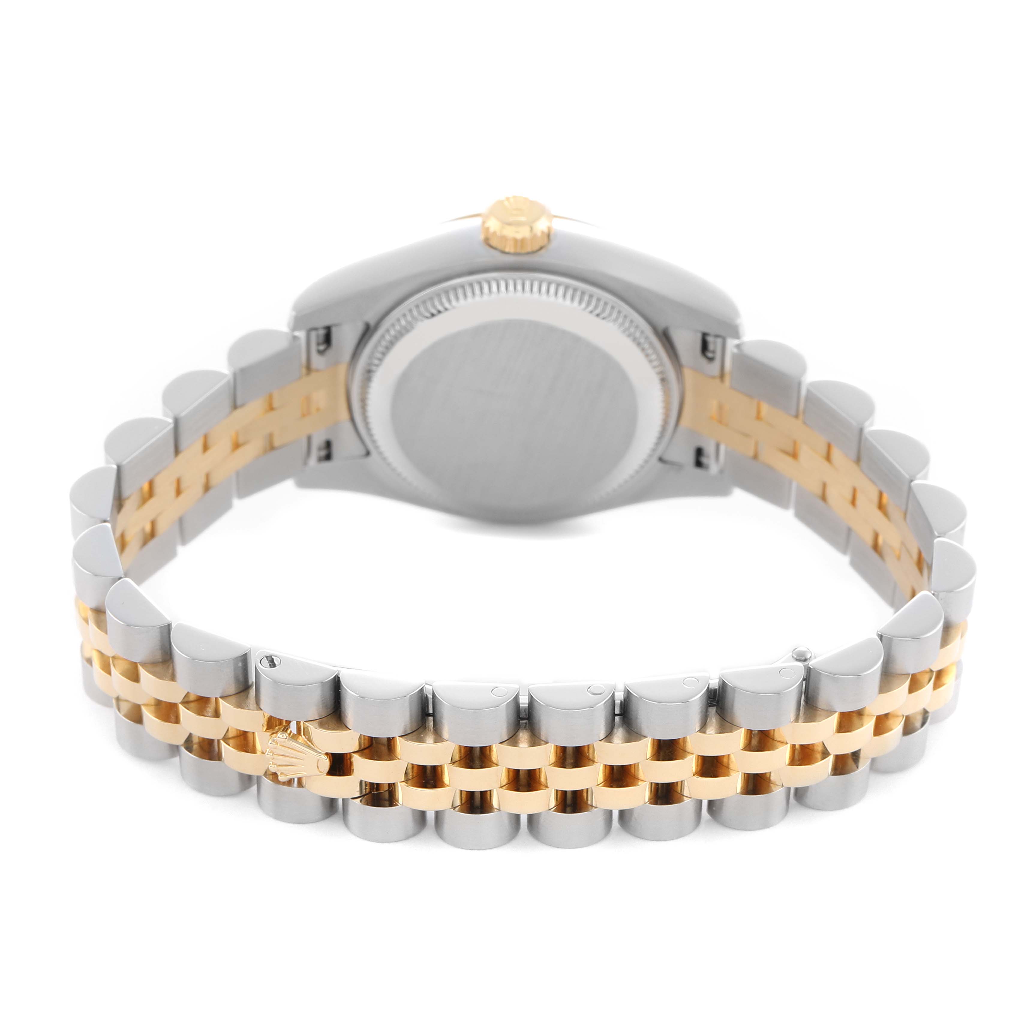 The image shows the back and bracelet of a Rolex Datejust 179173 Women's Steel and Gold (two tone) Champagne Dial watch, featuring a two-tone metal design with a Jubilee bracelet.