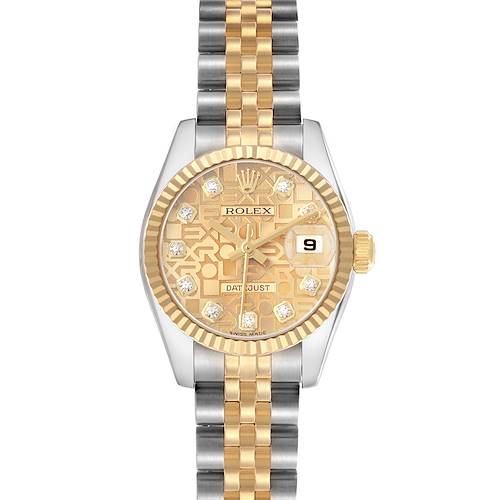 The Rolex Datejust 179173 Women's Steel and Gold (two tone) Champagne Dial watch is shown from a top-down angle, displaying the face, bezel, dial, and part of the bracelet.