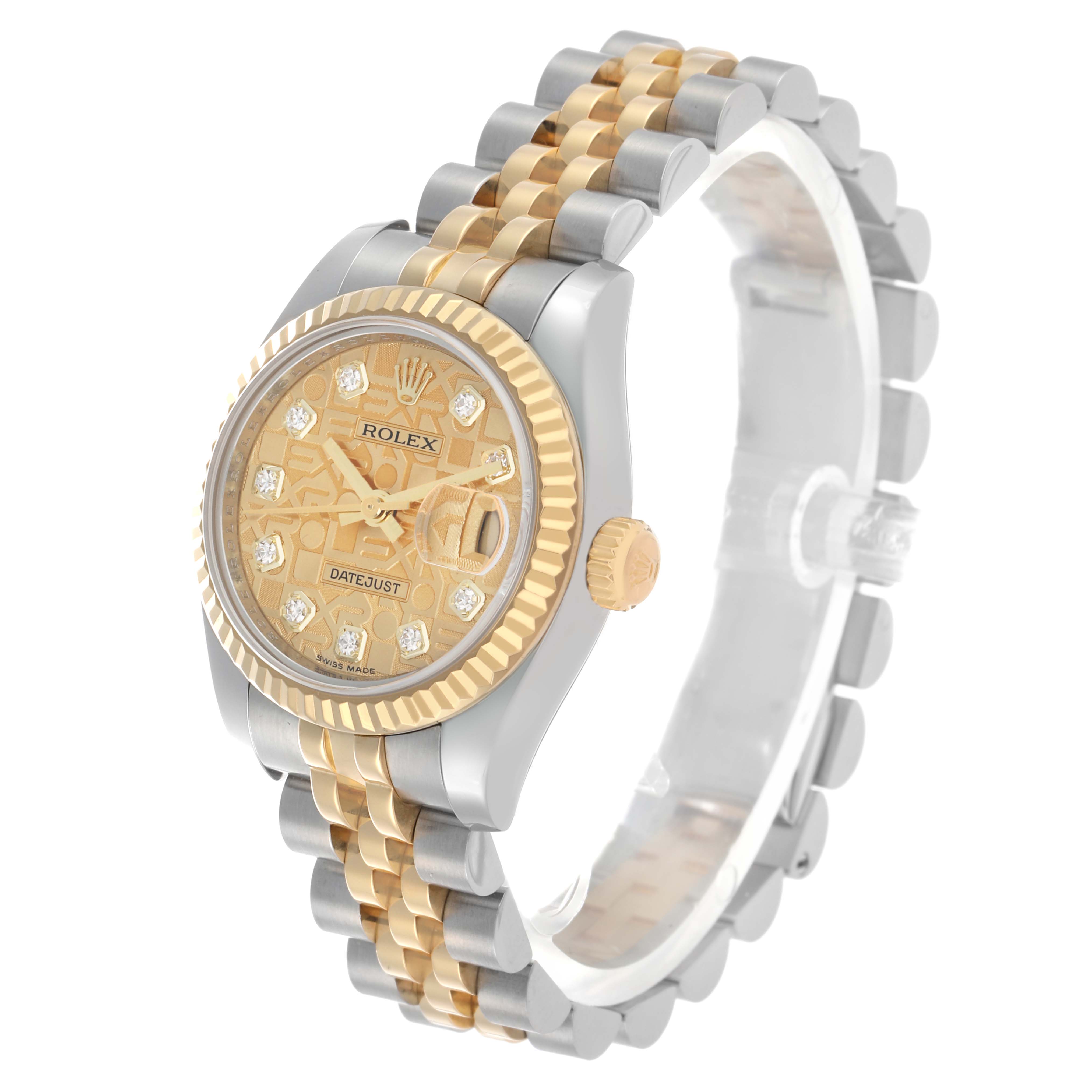 The Rolex Datejust 179173 Women's Steel and Gold (two tone) Champagne Dial watch is shown at a slight angle, highlighting its dial, fluted bezel, and two-tone Jubilee bracelet.
