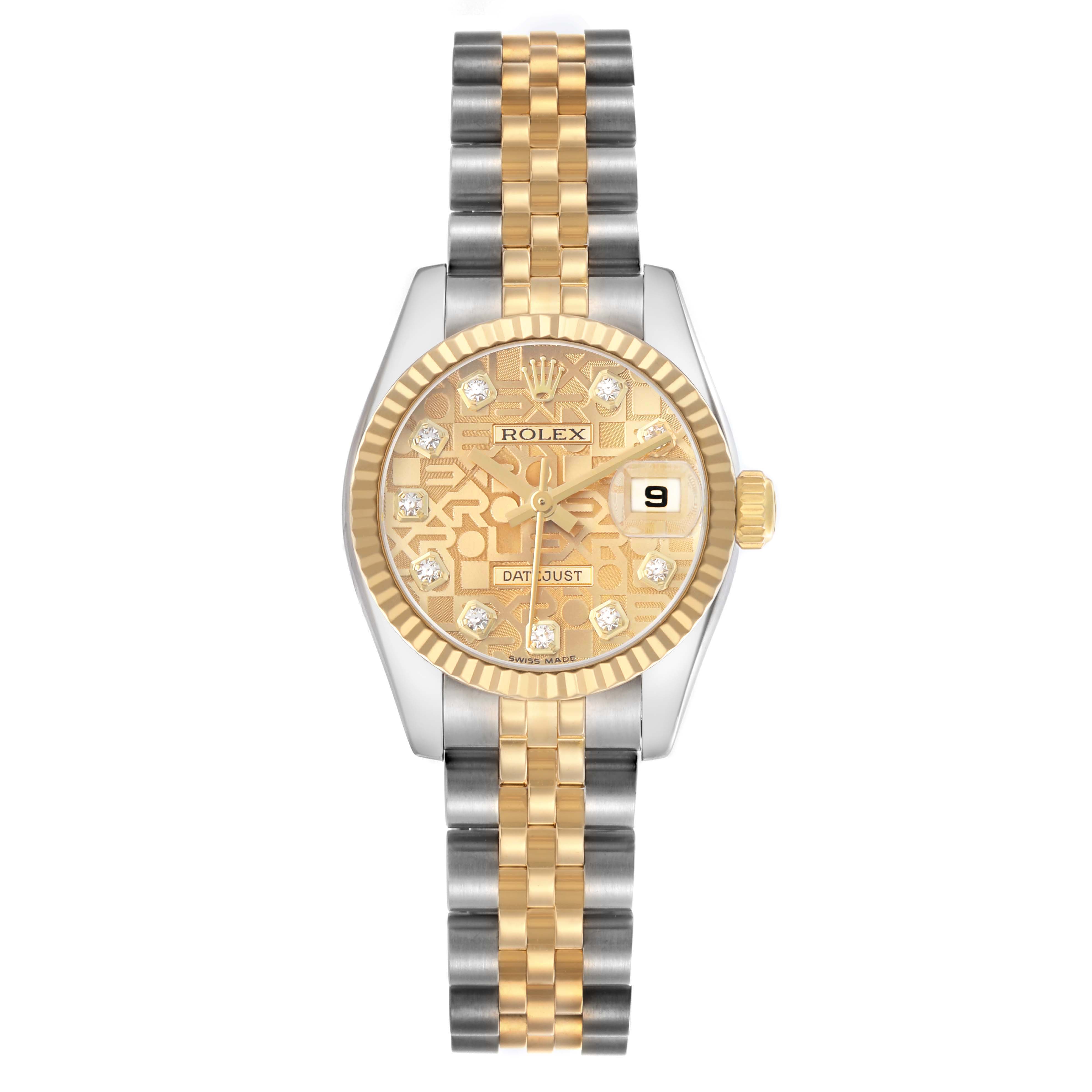 The Rolex Datejust 179173 Women's Steel and Gold (two tone) Champagne Dial watch is shown from a top-down angle, featuring its gold and silver bracelet, detailed bezel, and face.