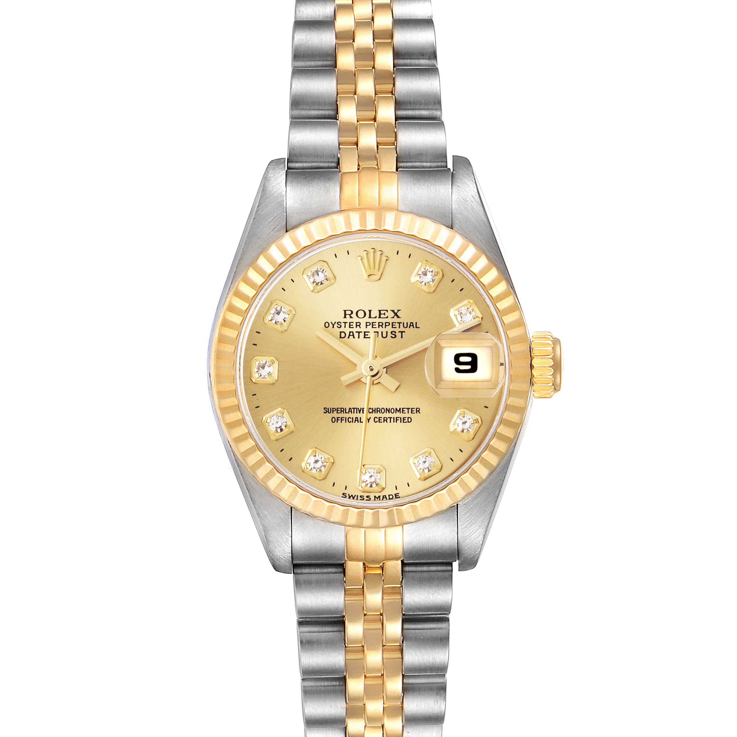 The Rolex Datejust 69173 Women
s Steel and Gold (two tone) Champagne Dial 69173 Women
s Steel and Gold (two tone) Champagne Dial watch is shown from the front, displaying the dial, bracelet, and fluted bezel.