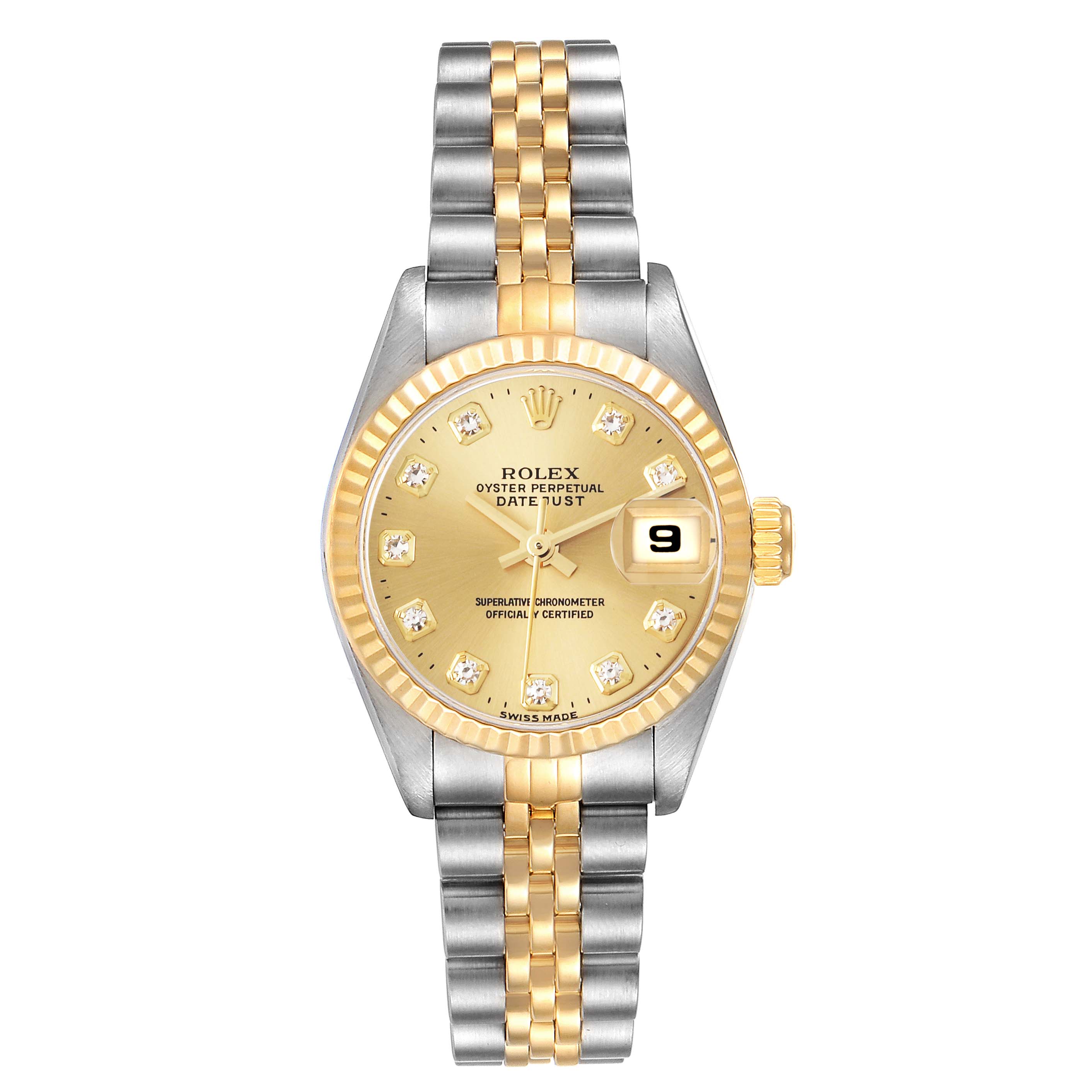 The Rolex Datejust 69173 Women
s Steel and Gold (two tone) Champagne Dial 69173 Women
s Steel and Gold (two tone) Champagne Dial watch is shown from a top view, highlighting the dial, bezel, and two-tone bracelet.
