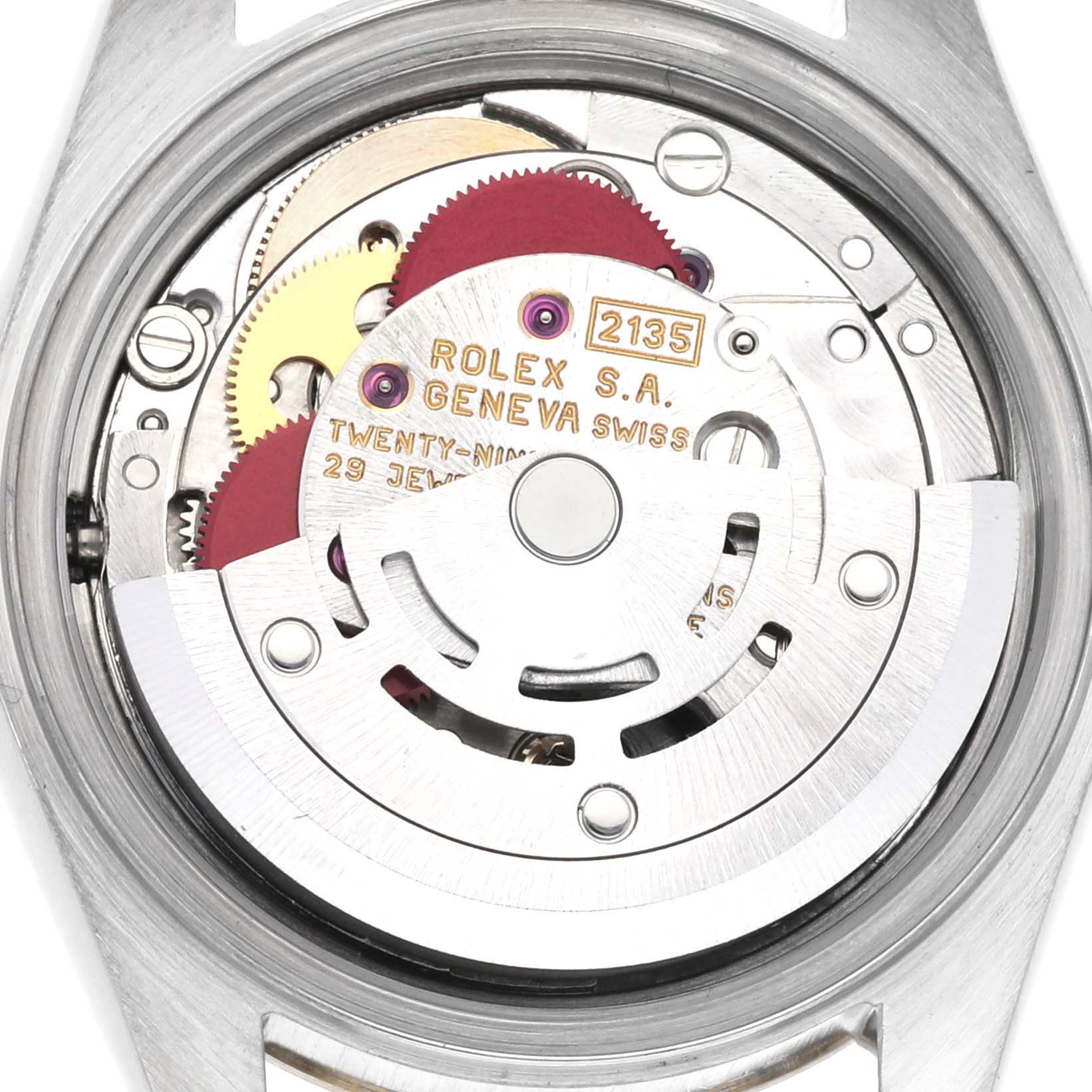 The image shows the back view of a Rolex Datejust 69173 Women
s Steel and Gold (two tone) Champagne Dial 69173 Women
s Steel and Gold (two tone) Champagne Dial, highlighting its movement and internal components.