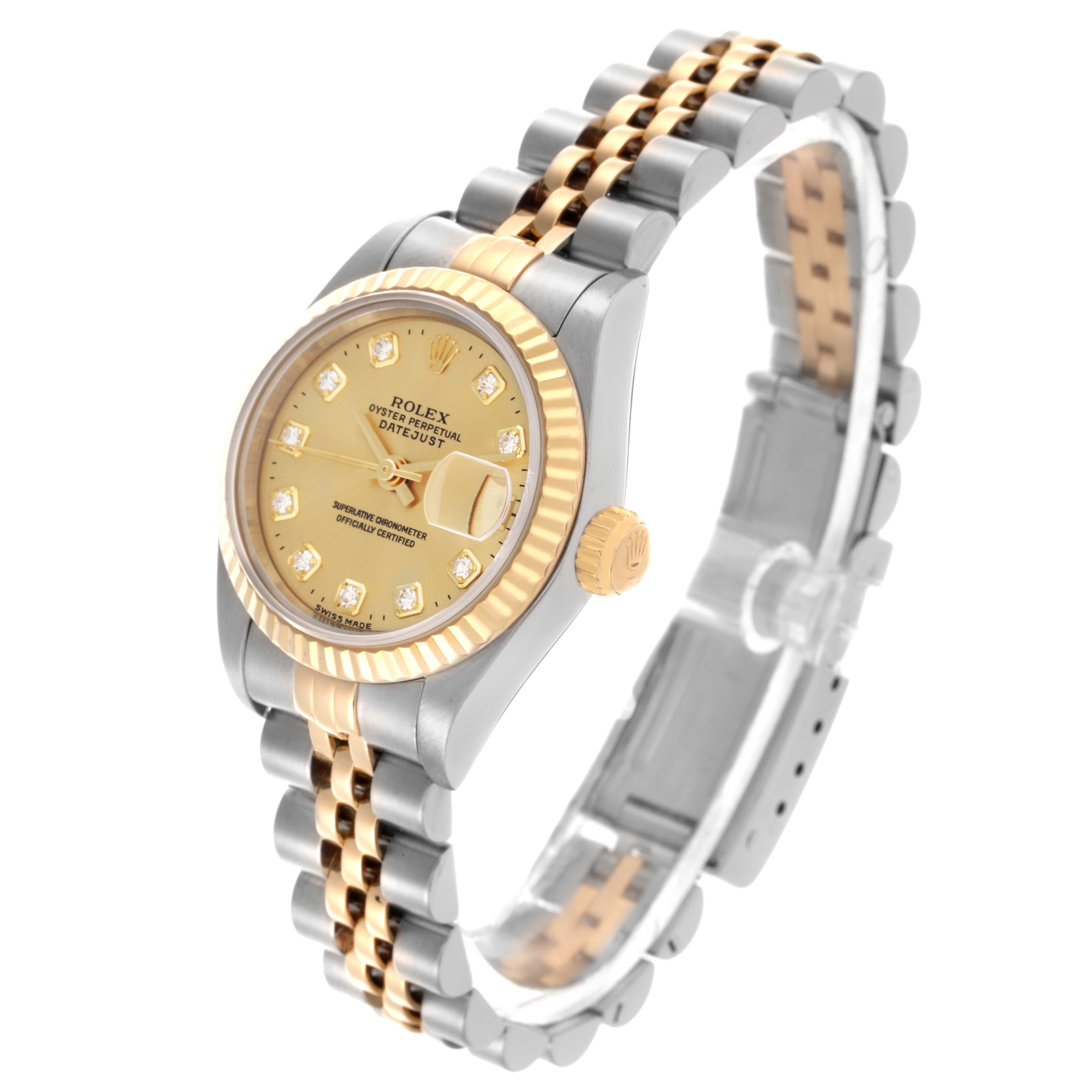 The Rolex Datejust 69173 Women
s Steel and Gold (two tone) Champagne Dial 69173 Women
s Steel and Gold (two tone) Champagne Dial watch is shown at a three-quarter angle, displaying the face, bezel, crown, and part of the bracelet.