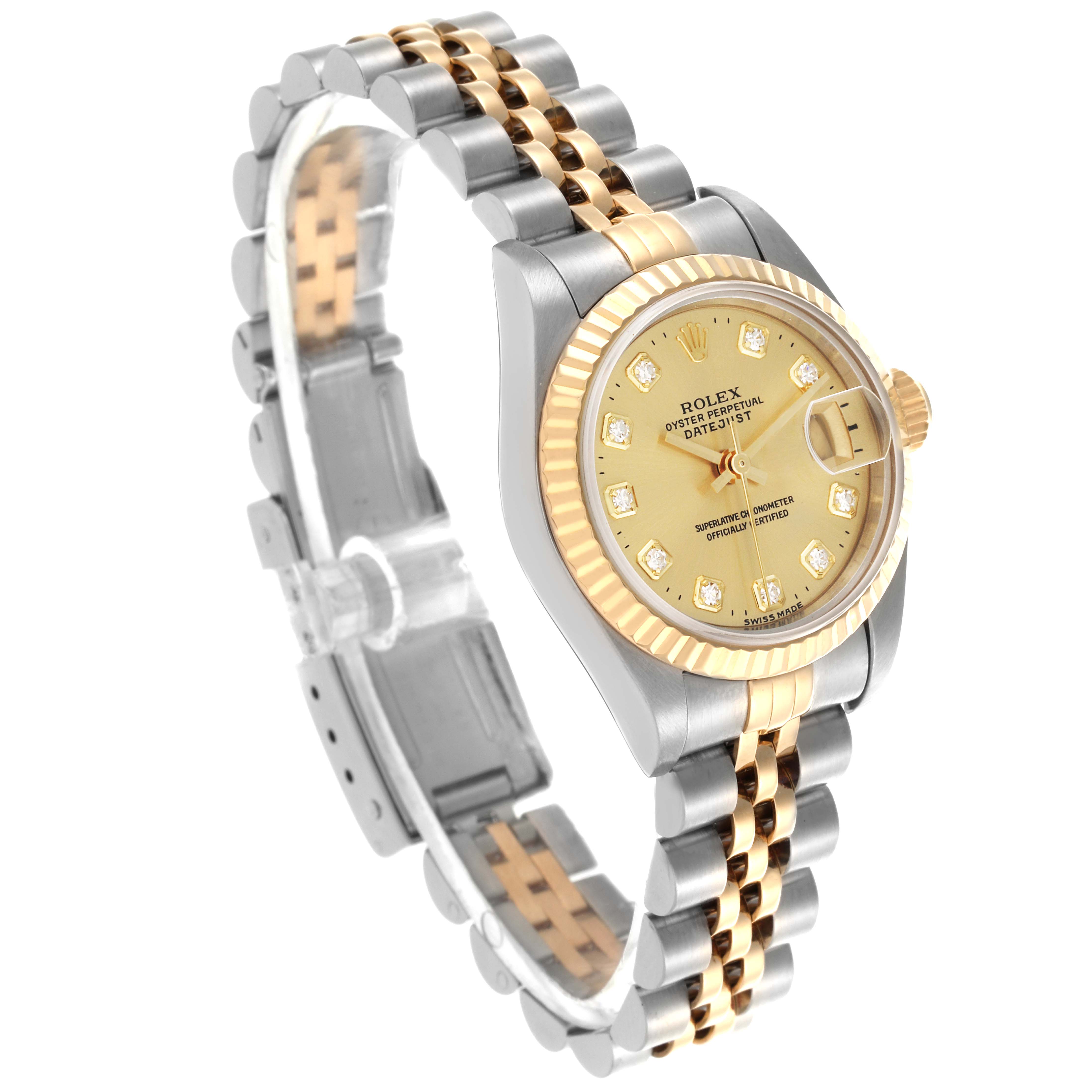 The Rolex Datejust 69173 Women
s Steel and Gold (two tone) Champagne Dial 69173 Women
s Steel and Gold (two tone) Champagne Dial watch is shown at a three-quarter angle, displaying the dial, fluted bezel, and jubilee bracelet.