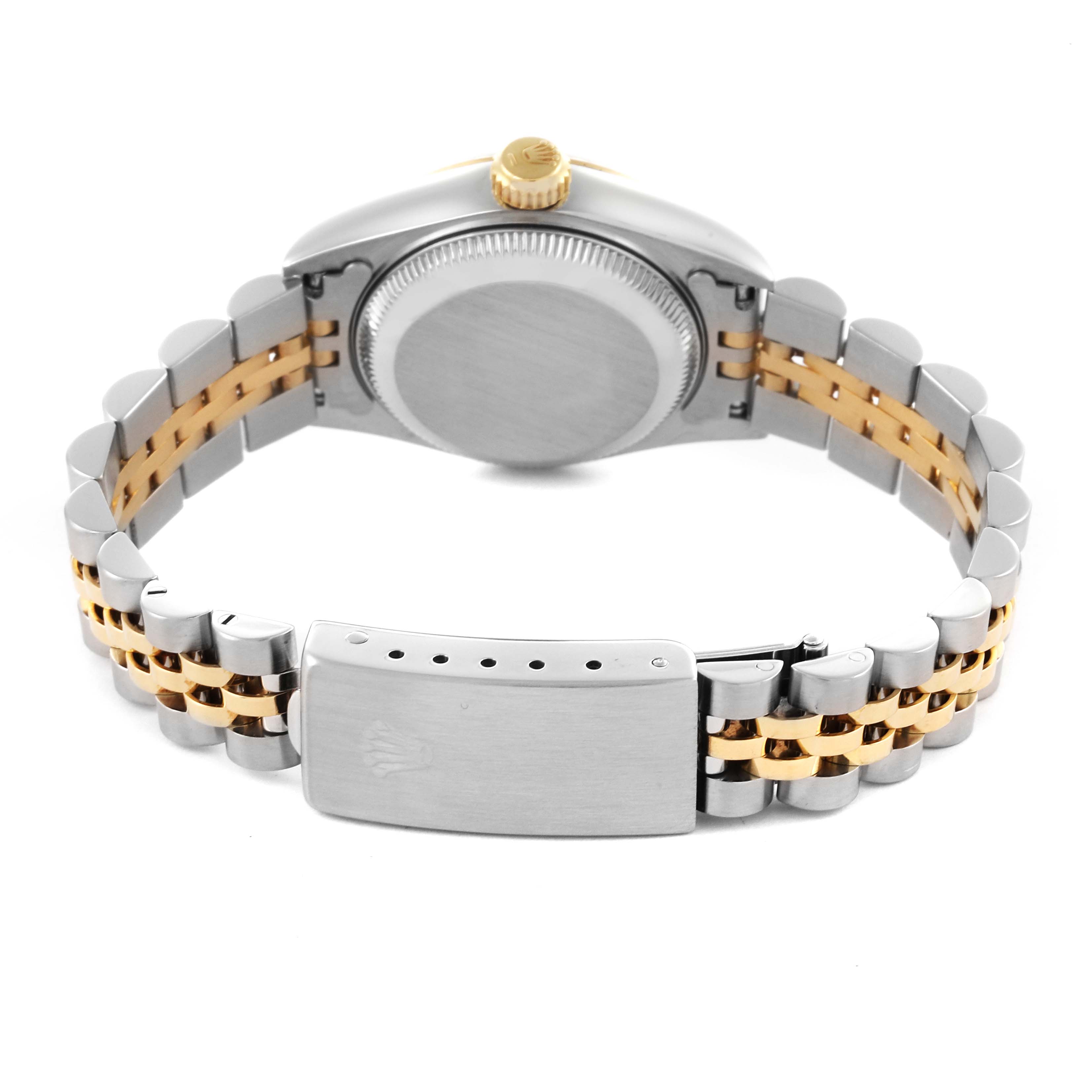 The image shows the back of a Rolex Datejust 69173 Women
s Steel and Gold (two tone) Champagne Dial 69173 Women
s Steel and Gold (two tone) Champagne Dial with focus on the case back, crown, and two-tone Jubilee bracelet.