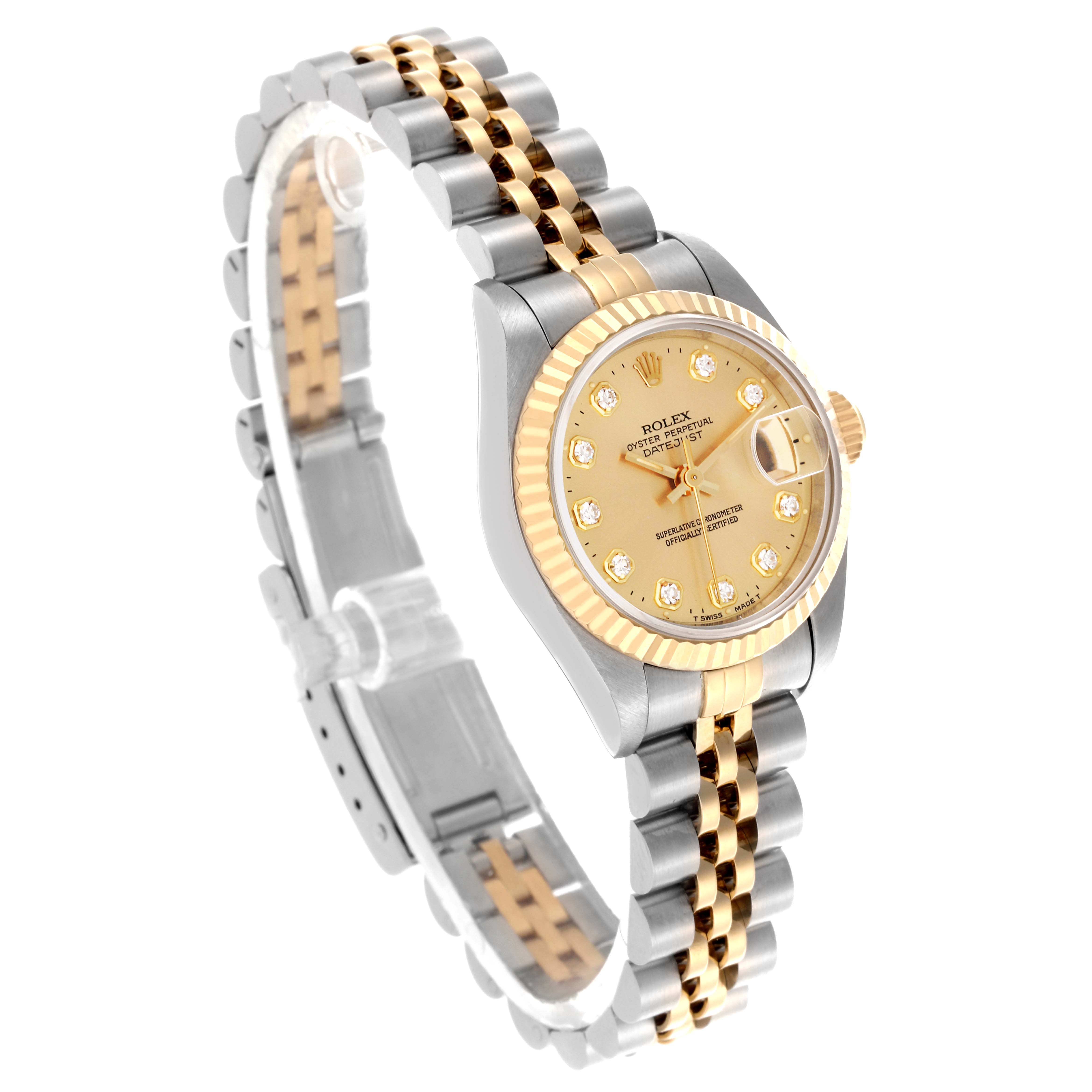 The Rolex Datejust 69173 Women
s Steel and Gold (two tone) Champagne Dial 69173 Women
s Steel and Gold (two tone) Champagne Dial watch is shown at a three-quarter angle, highlighting the face, bezel, case, and Jubilee bracelet.