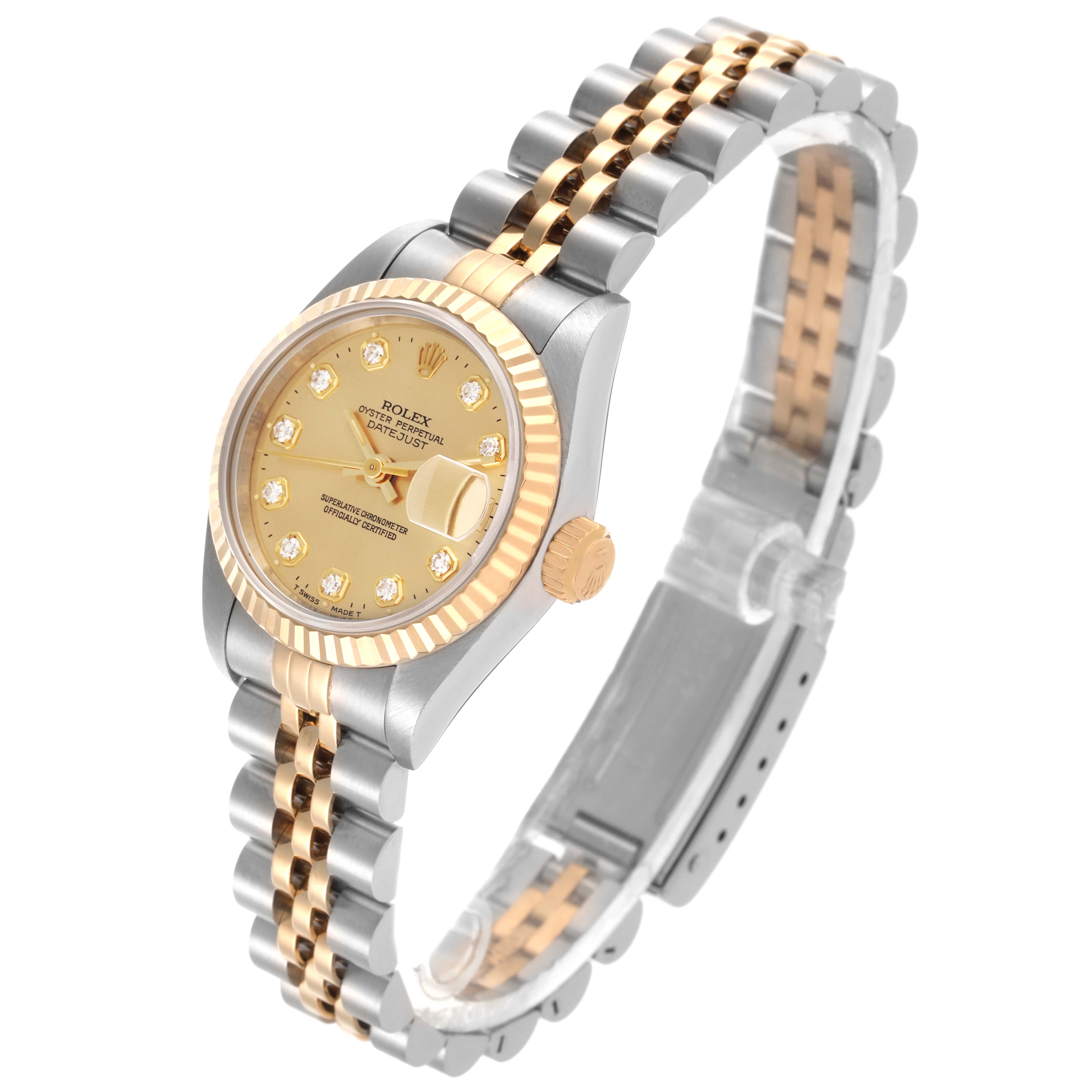 The Rolex Datejust 69173 Women
s Steel and Gold (two tone) Champagne Dial 69173 Women
s Steel and Gold (two tone) Champagne Dial watch is shown at an angle displaying the face, fluted bezel, and two-tone Jubilee bracelet.