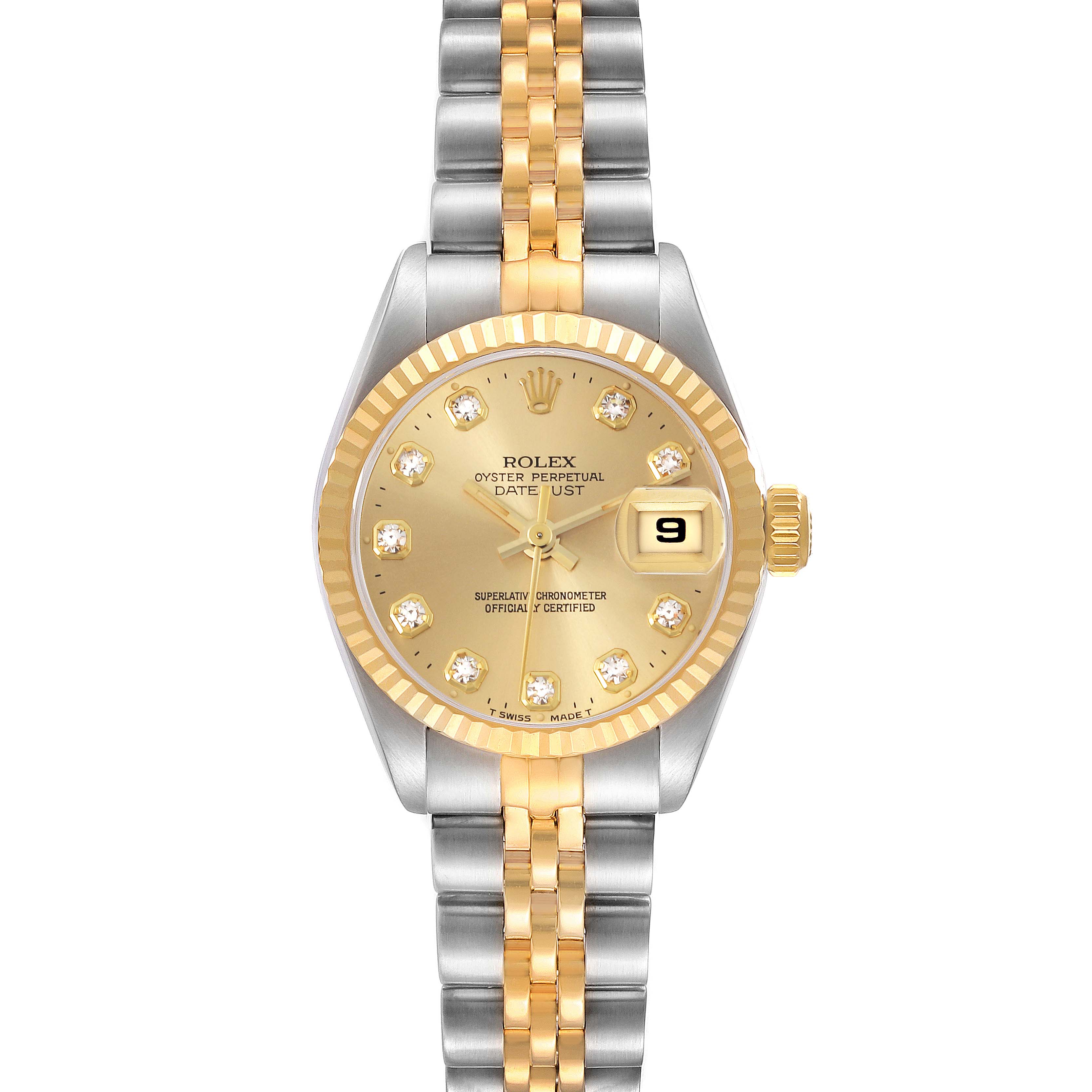 The Rolex Datejust 69173 Women
s Steel and Gold (two tone) Champagne Dial 69173 Women
s Steel and Gold (two tone) Champagne Dial watch is shown from the front, highlighting its dial, bezel, and two-tone bracelet.