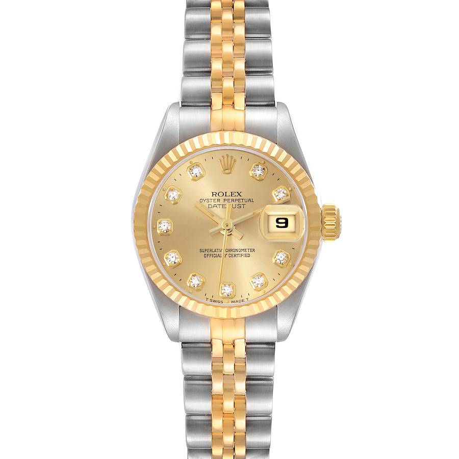 The Rolex Datejust watch is shown from the front, highlighting its dial, bezel, and two-tone bracelet.