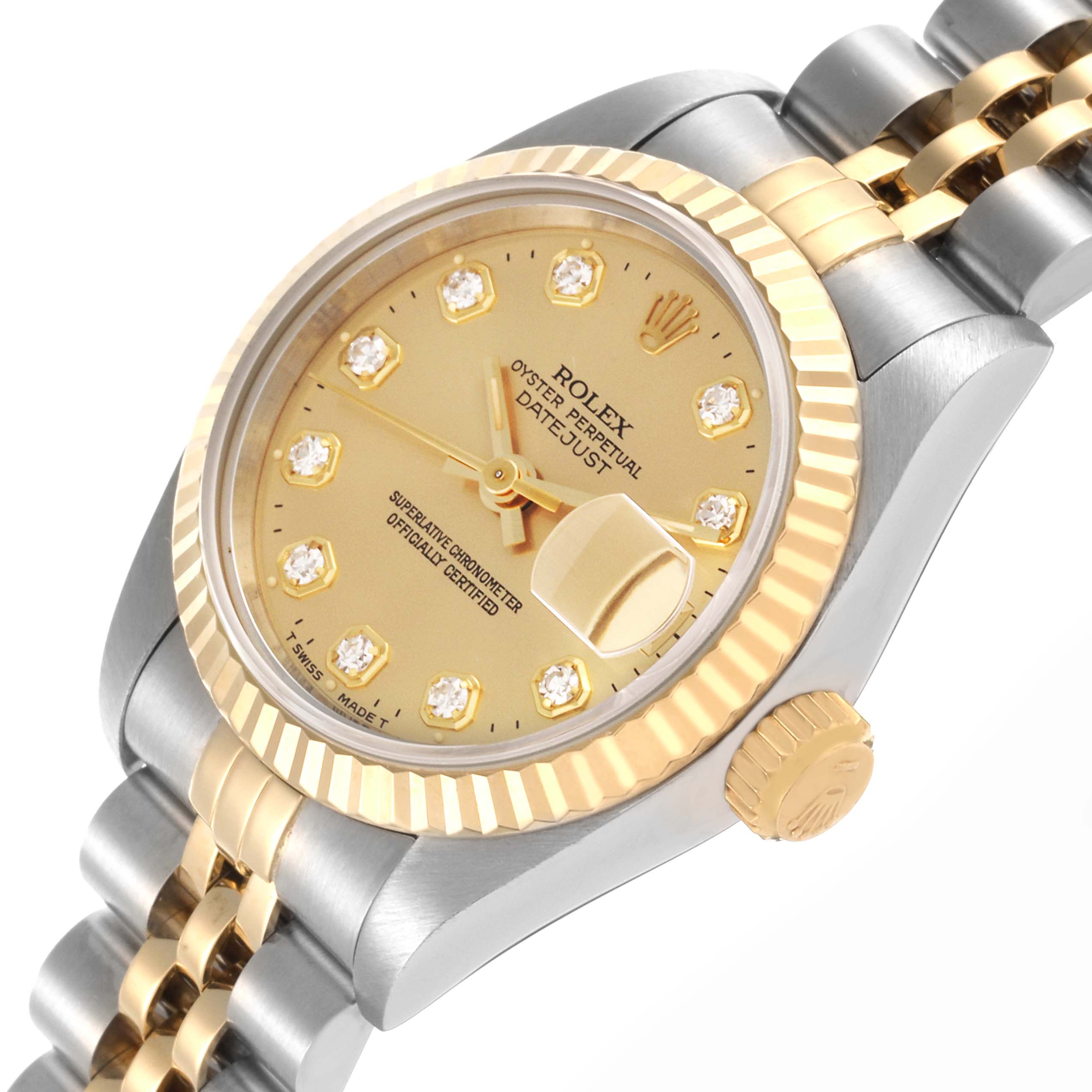 The Rolex Datejust 69173 Women
s Steel and Gold (two tone) Champagne Dial 69173 Women
s Steel and Gold (two tone) Champagne Dial watch is shown at an angled view, displaying the dial, bezel, and part of the bracelet.