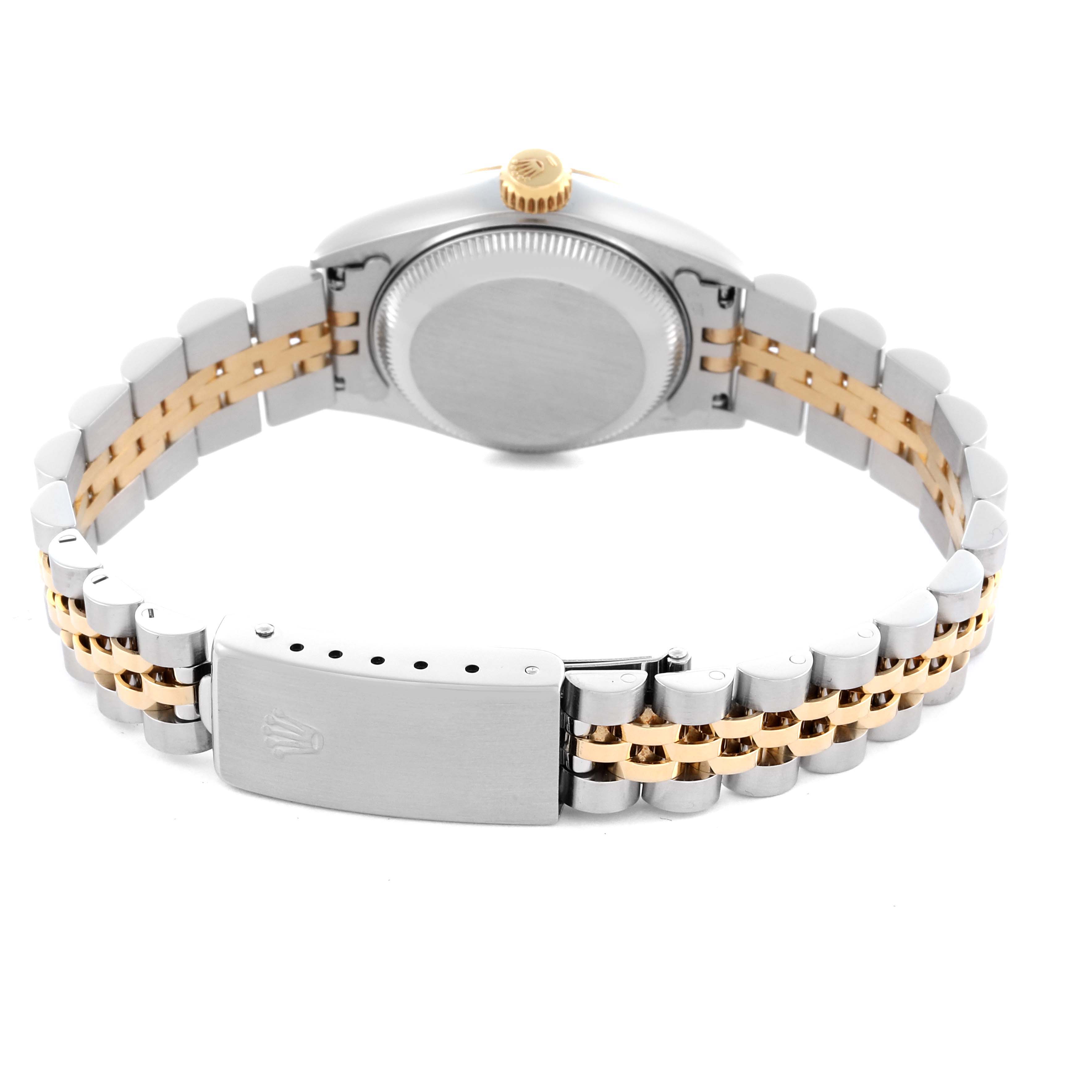 The Rolex Datejust 69173 Women
s Steel and Gold (two tone) Champagne Dial 69173 Women
s Steel and Gold (two tone) Champagne Dial watch is shown from the back, highlighting the case back, crown, and two-tone bracelet clasp.