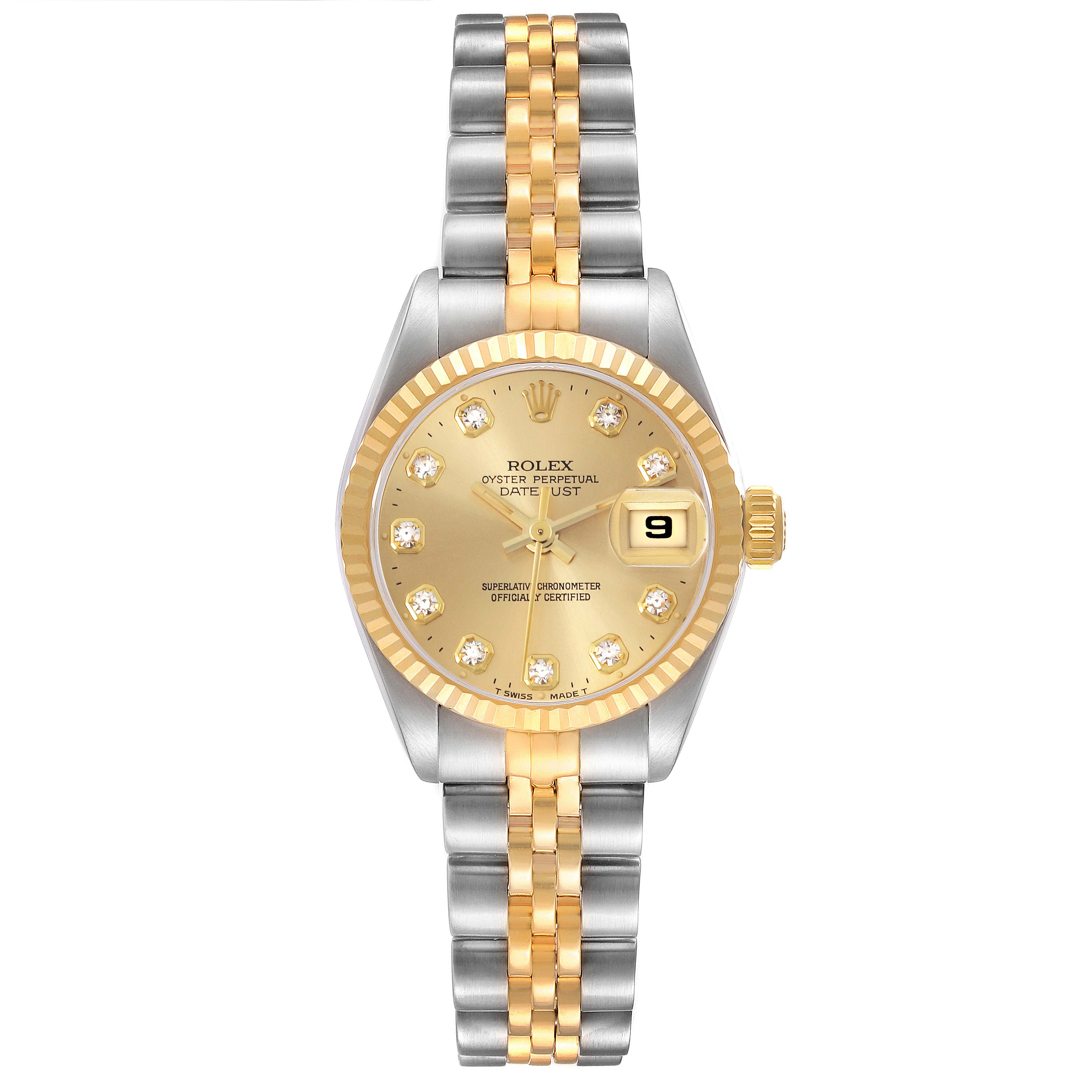 The Rolex Datejust 69173 Women
s Steel and Gold (two tone) Champagne Dial 69173 Women
s Steel and Gold (two tone) Champagne Dial is shown from a front angle, highlighting the dial, bezel, and bracelet.