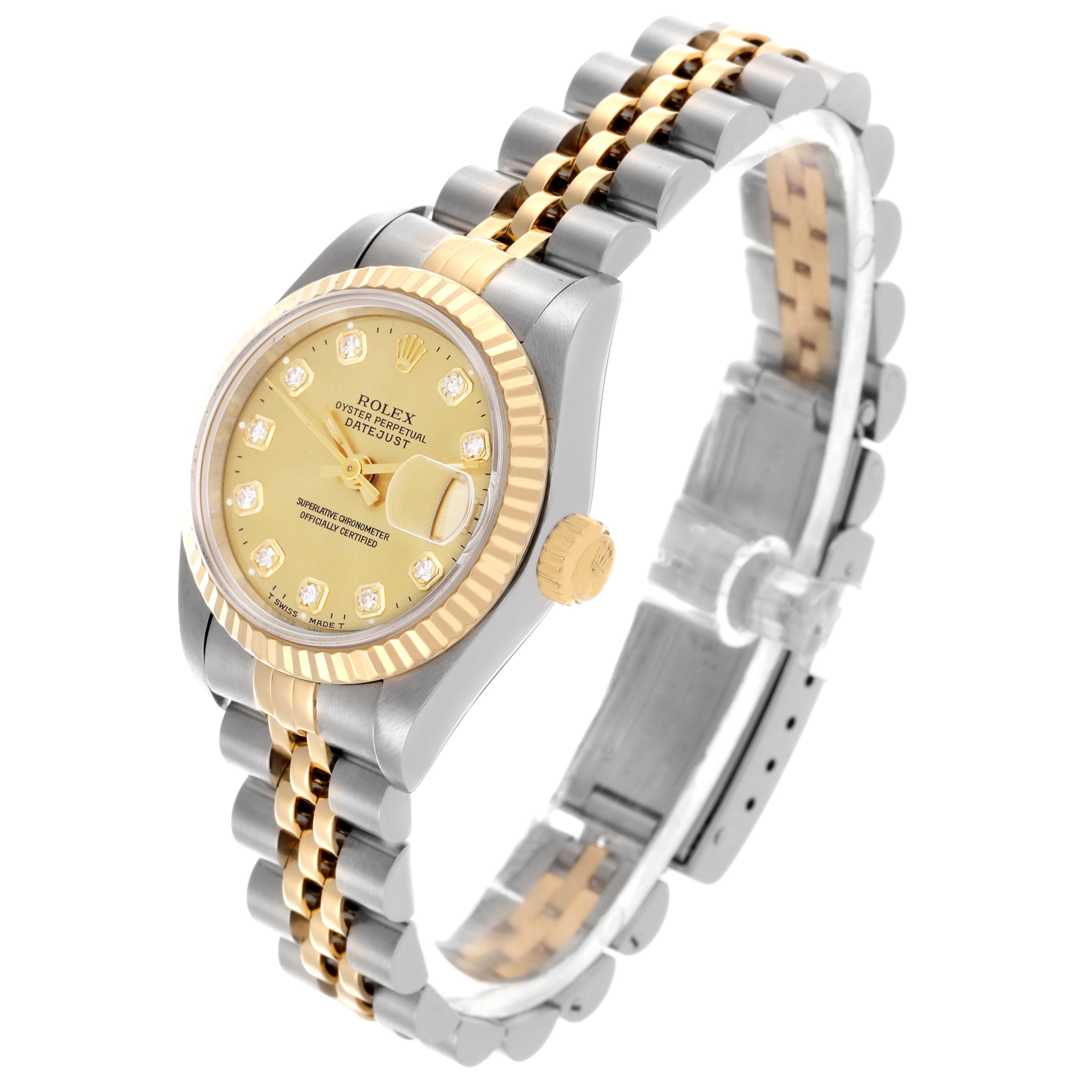 The Rolex Datejust 69173 Women
s Steel and Gold (two tone) Champagne Dial 69173 Women
s Steel and Gold (two tone) Champagne Dial watch is shown from a three-quarter angle, highlighting the gold and silver bracelet and gold dial.