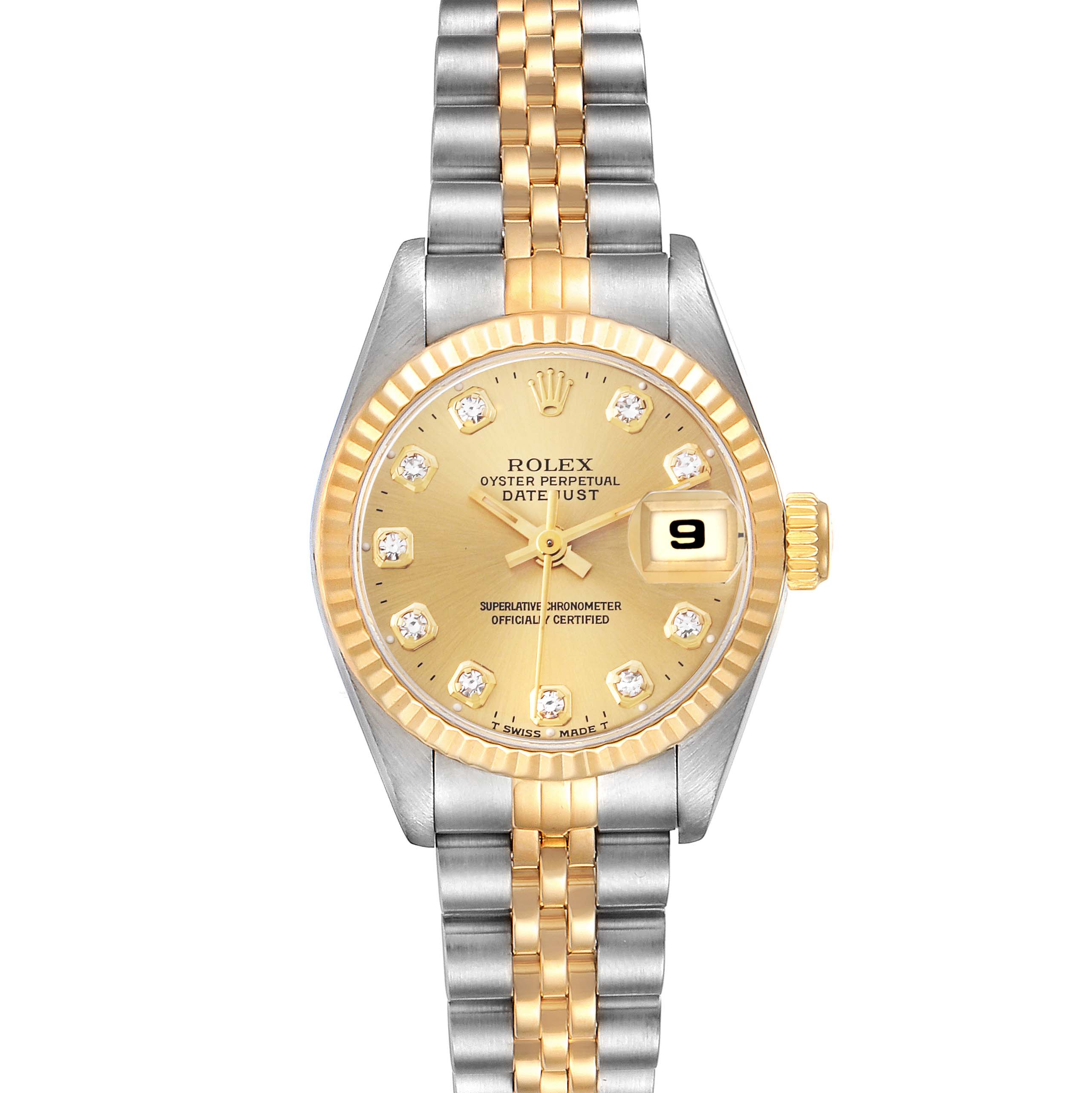 The Rolex Datejust 69173 Women
s Steel and Gold (two tone) Champagne Dial 69173 Women
s Steel and Gold (two tone) Champagne Dial watch is shown from a top-down angle, displaying the face, bezel, and bracelet.