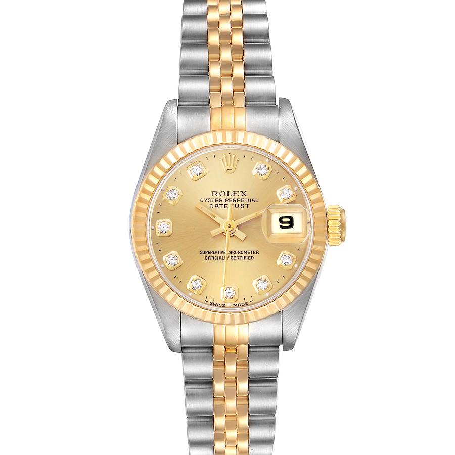 The Rolex Datejust watch is shown from a top-down angle, displaying the face, bezel, and bracelet.