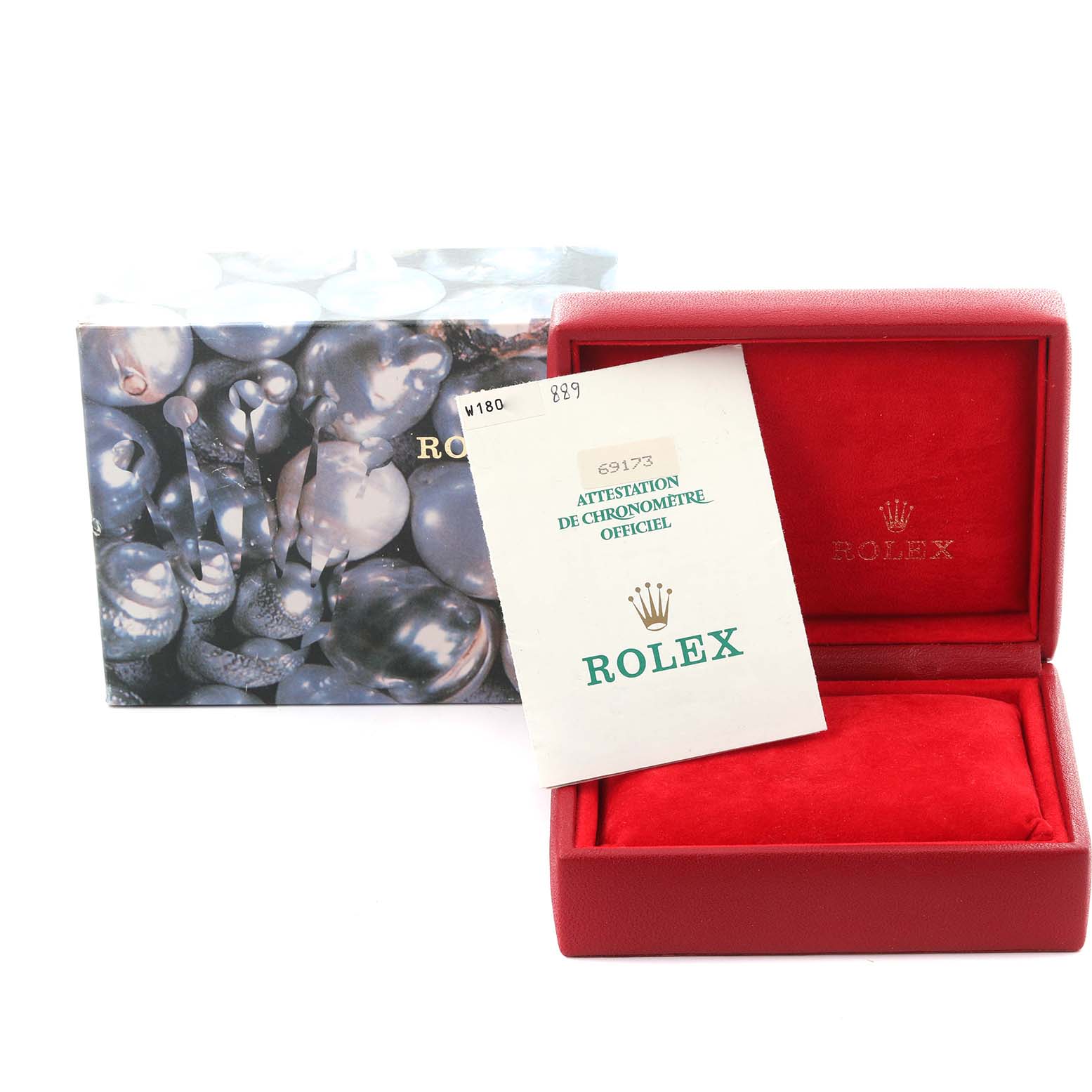 The image shows a Rolex Datejust 69173 Women
s Steel and Gold (two tone) Champagne Dial 69173 Women
s Steel and Gold (two tone) Champagne Dial box, certificate, and packaging from a front angle.