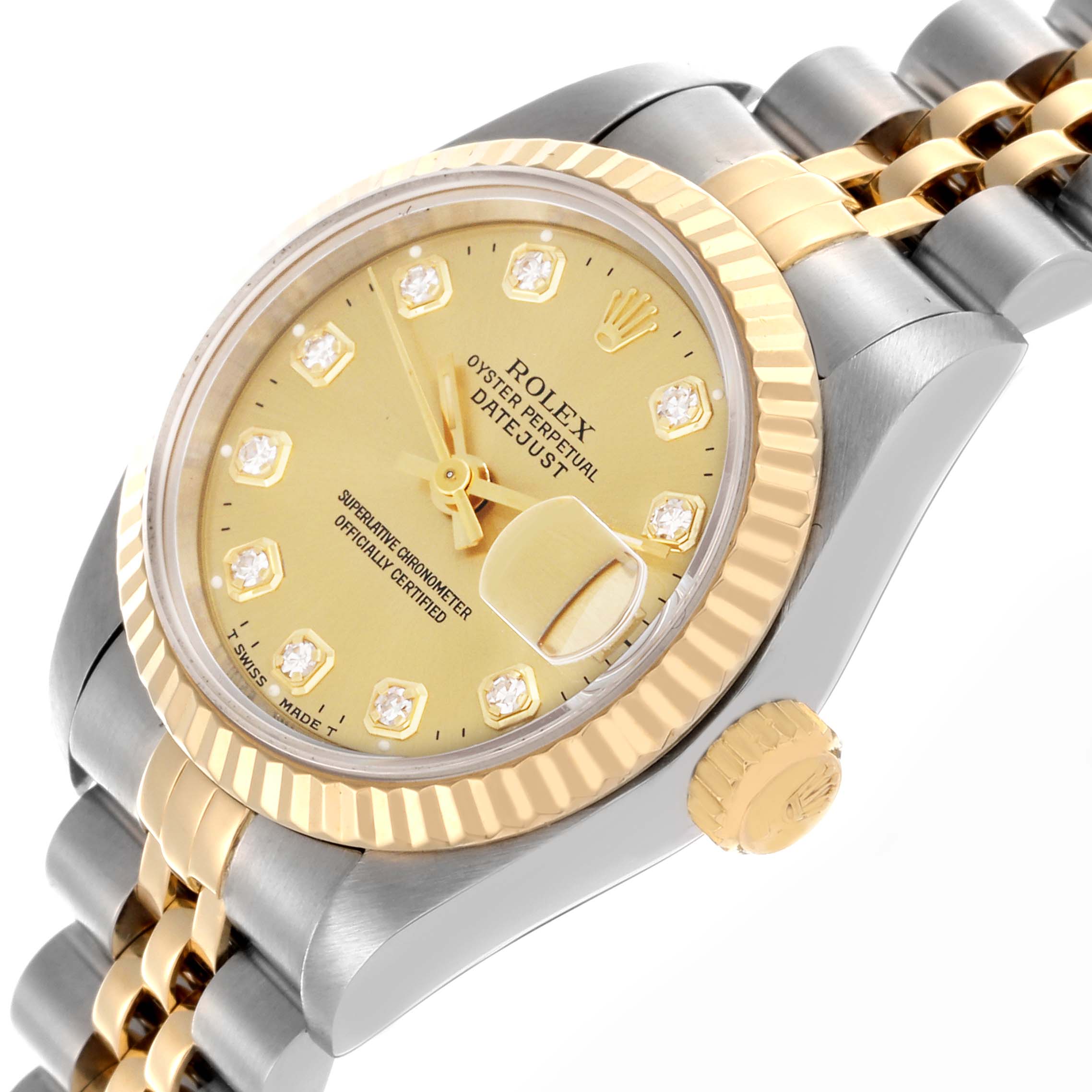 The Rolex Datejust 69173 Women
s Steel and Gold (two tone) Champagne Dial 69173 Women
s Steel and Gold (two tone) Champagne Dial watch is shown at an angled close-up, displaying the face, crown, and two-tone bracelet.