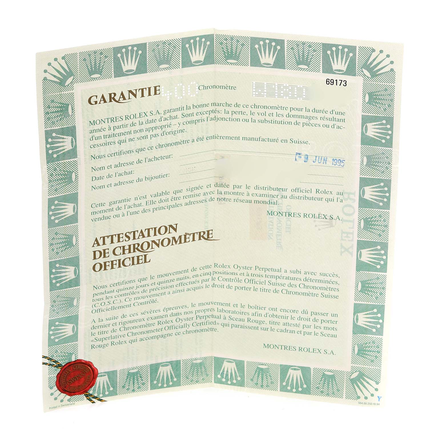 The image shows a certificate for the Rolex Datejust 69173 Women
s Steel and Gold (two tone) Champagne Dial 69173 Women
s Steel and Gold (two tone) Champagne Dial, emphasizing warranty and Best Quality
ity details.