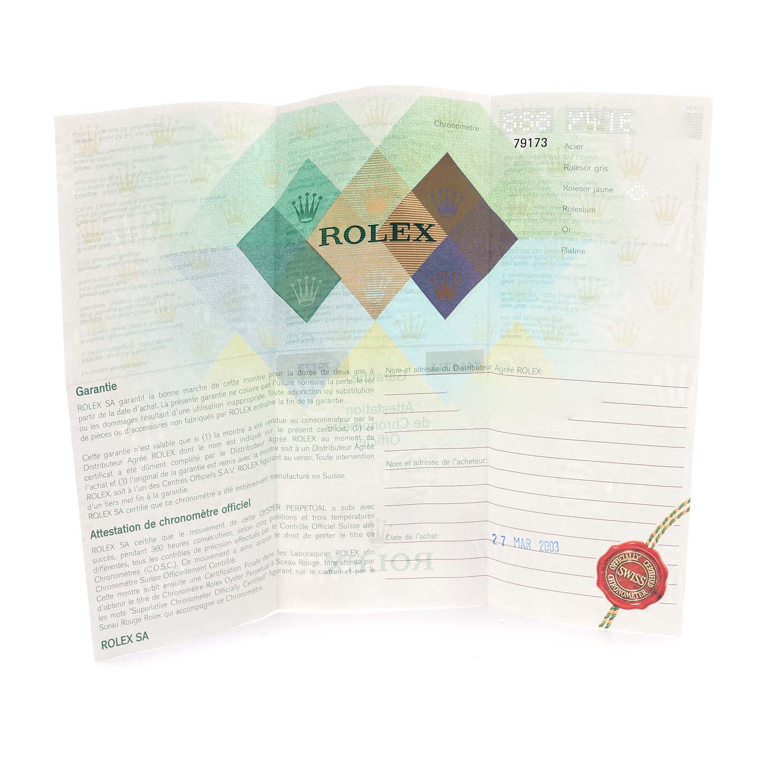 The image shows a Rolex warranty card for a Datejust model, featuring certification details and a seal.