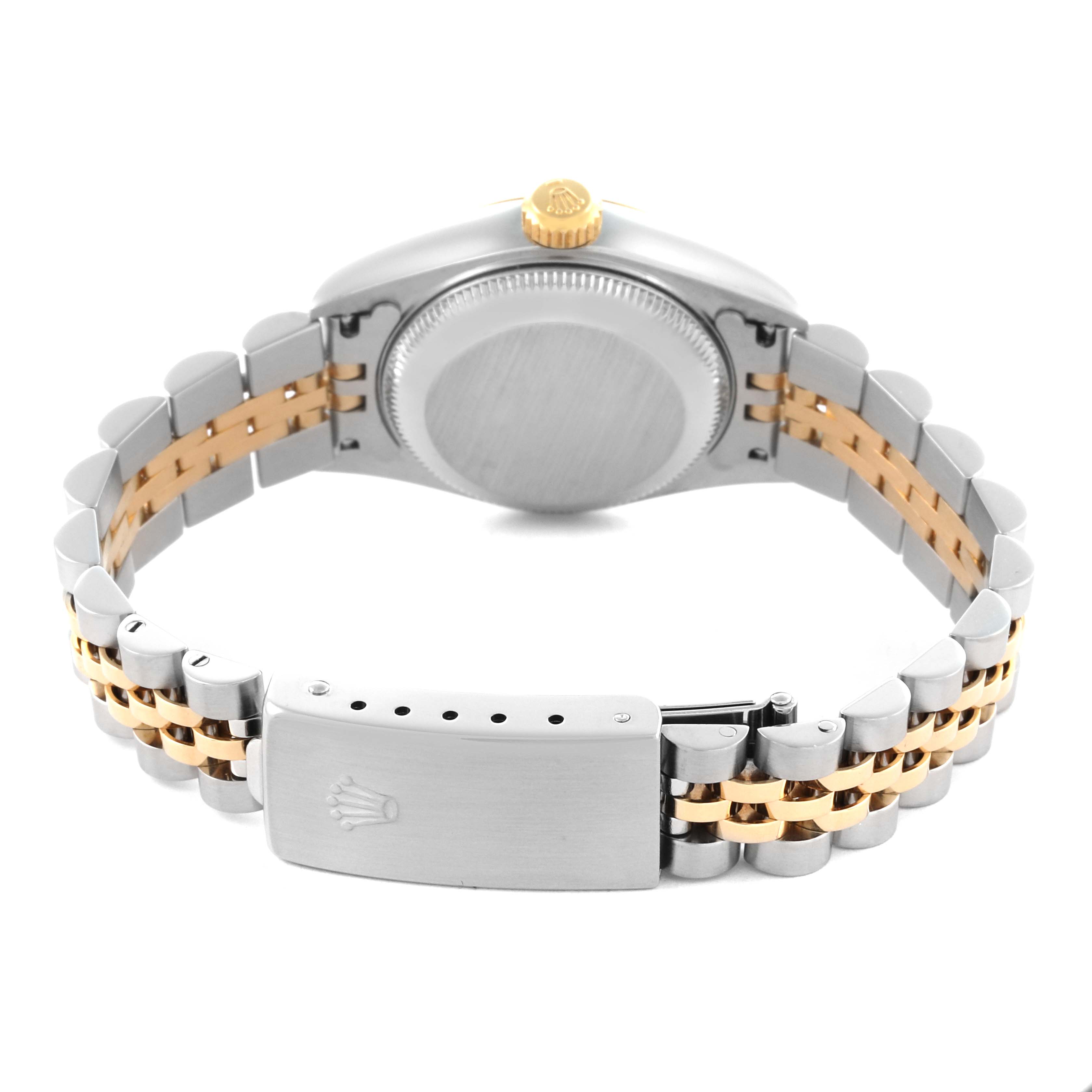 The image shows the back of a Rolex Datejust 79173 Men's Steel and Gold (two tone) Champagne Dial 79173 Men's Steel and Gold (two tone) Champagne Dial, including the case back and two-tone bracelet with clasp.