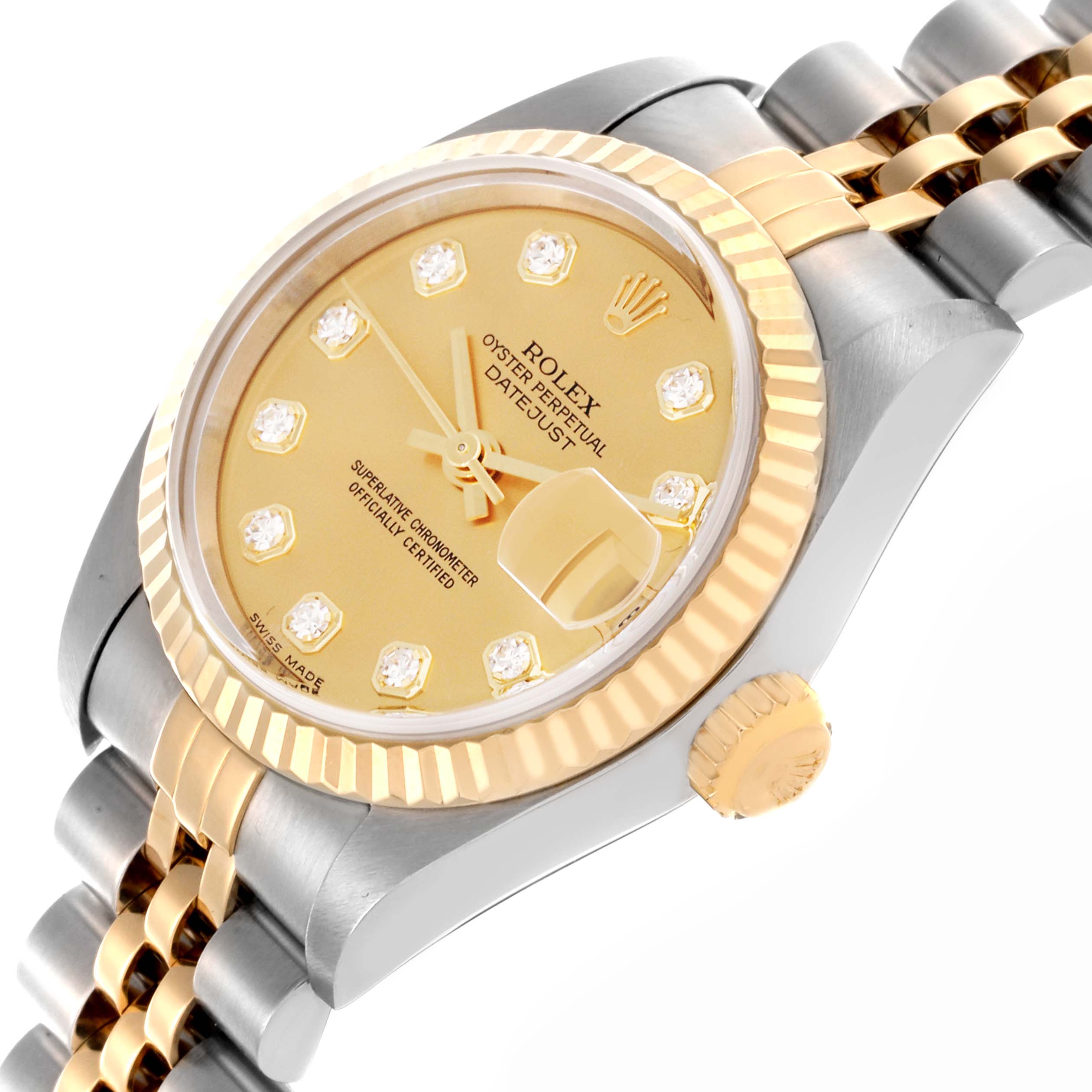 The Rolex Datejust 79173 Men's Steel and Gold (two tone) Champagne Dial 79173 Men's Steel and Gold (two tone) Champagne Dial watch is shown at a side angle, highlighting the gold bezel, crown, and partial bracelet.