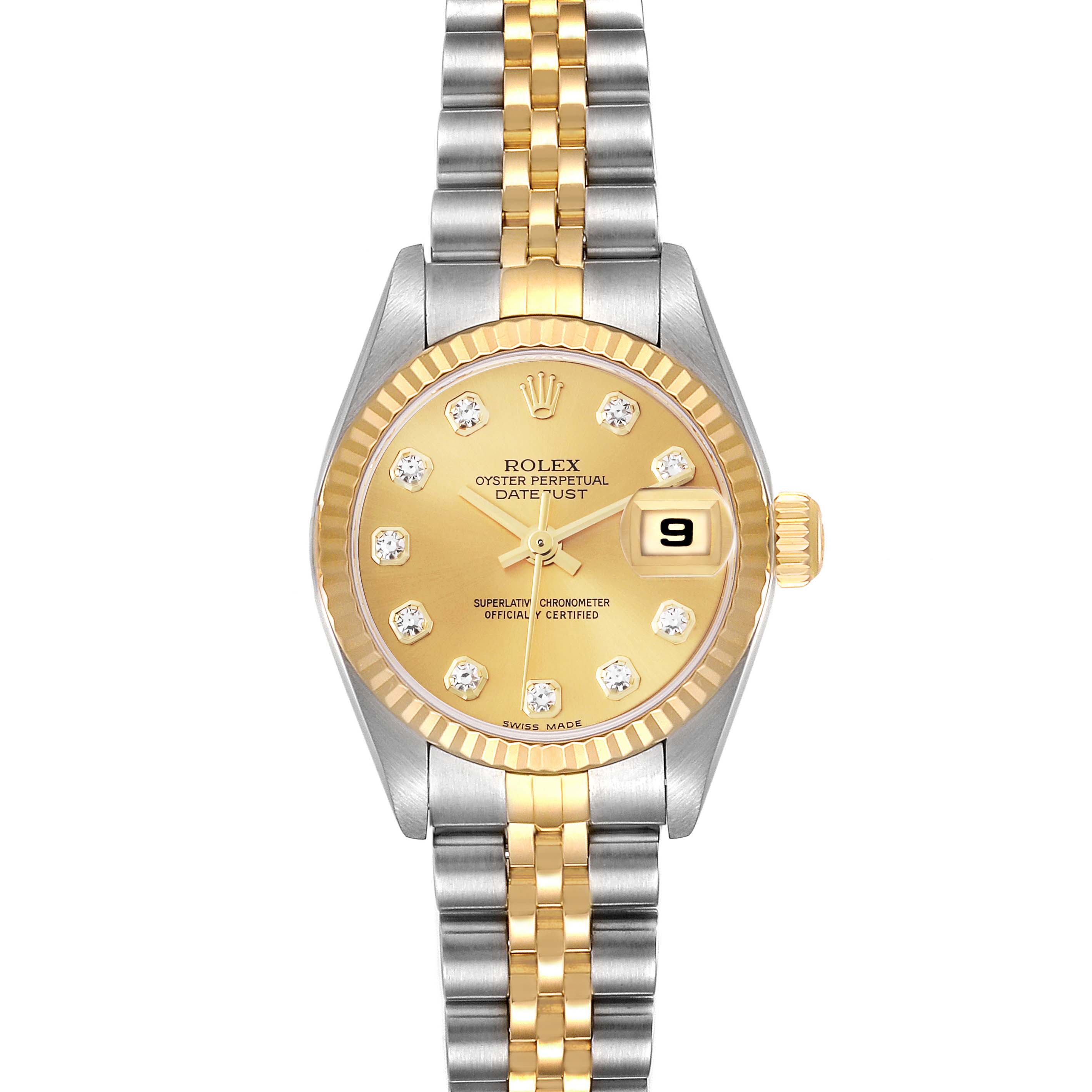 The Rolex Datejust 79173 Men's Steel and Gold (two tone) Champagne Dial 79173 Men's Steel and Gold (two tone) Champagne Dial watch is shown from a top-down angle, highlighting the gold and silver bracelet, dial, and bezel.