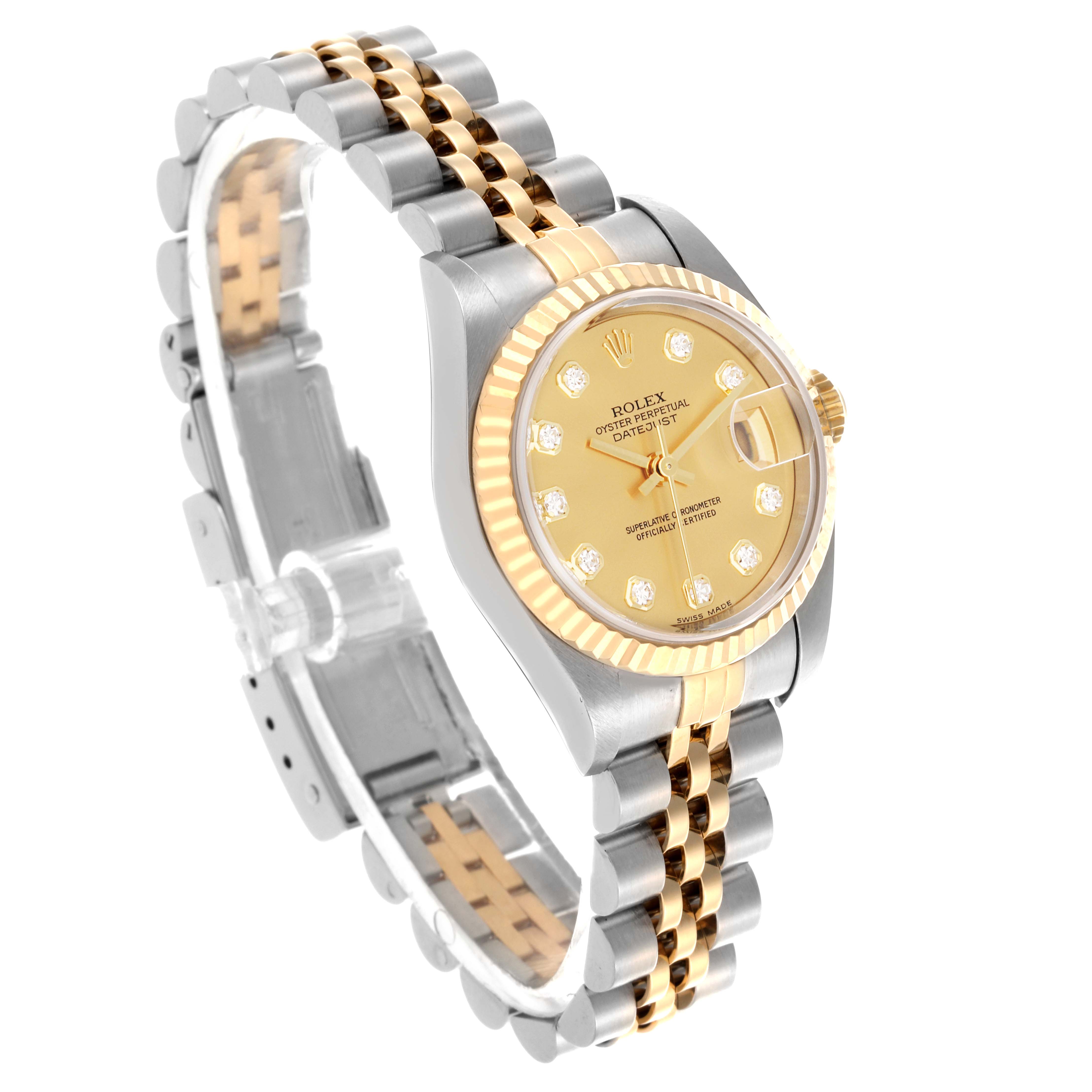 The Rolex Datejust 79173 Men's Steel and Gold (two tone) Champagne Dial 79173 Men's Steel and Gold (two tone) Champagne Dial watch is shown from a top-side angle, featuring its gold and silver bracelet, diamond markers, and fluted bezel.
