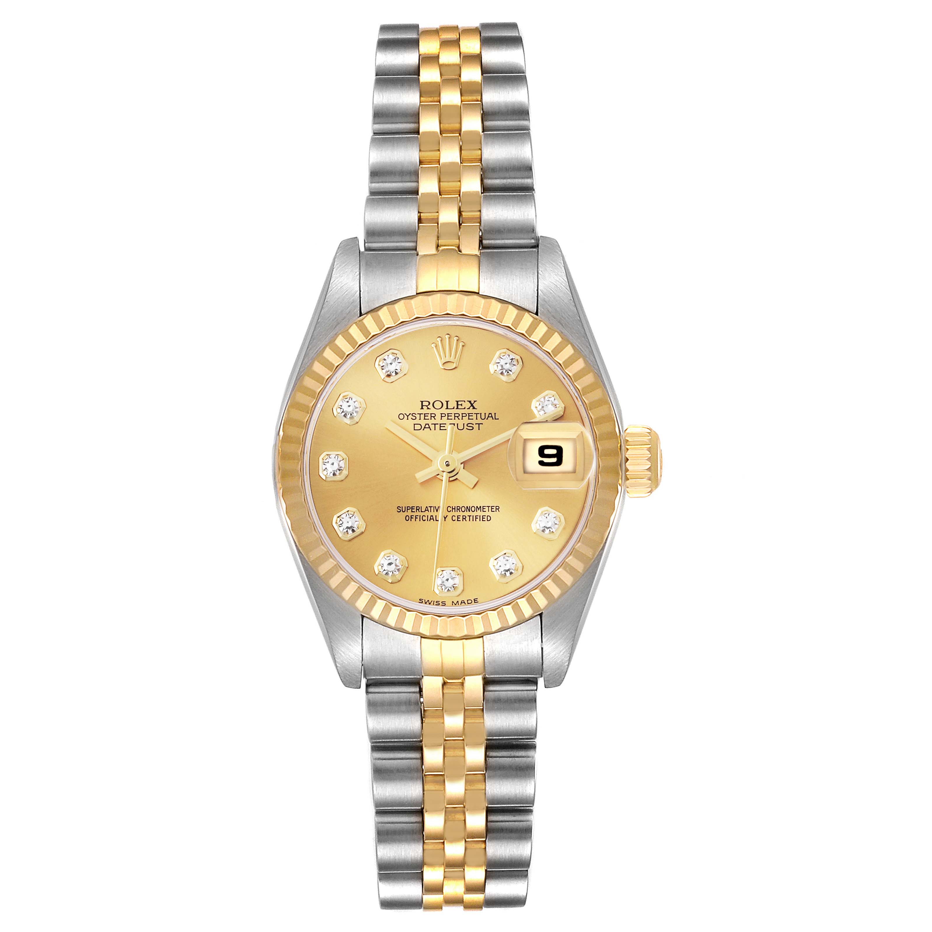 The Rolex Datejust 79173 Men's Steel and Gold (two tone) Champagne Dial 79173 Men's Steel and Gold (two tone) Champagne Dial watch is shown from a front view, displaying the dial, bezel, bracelet, and date window.