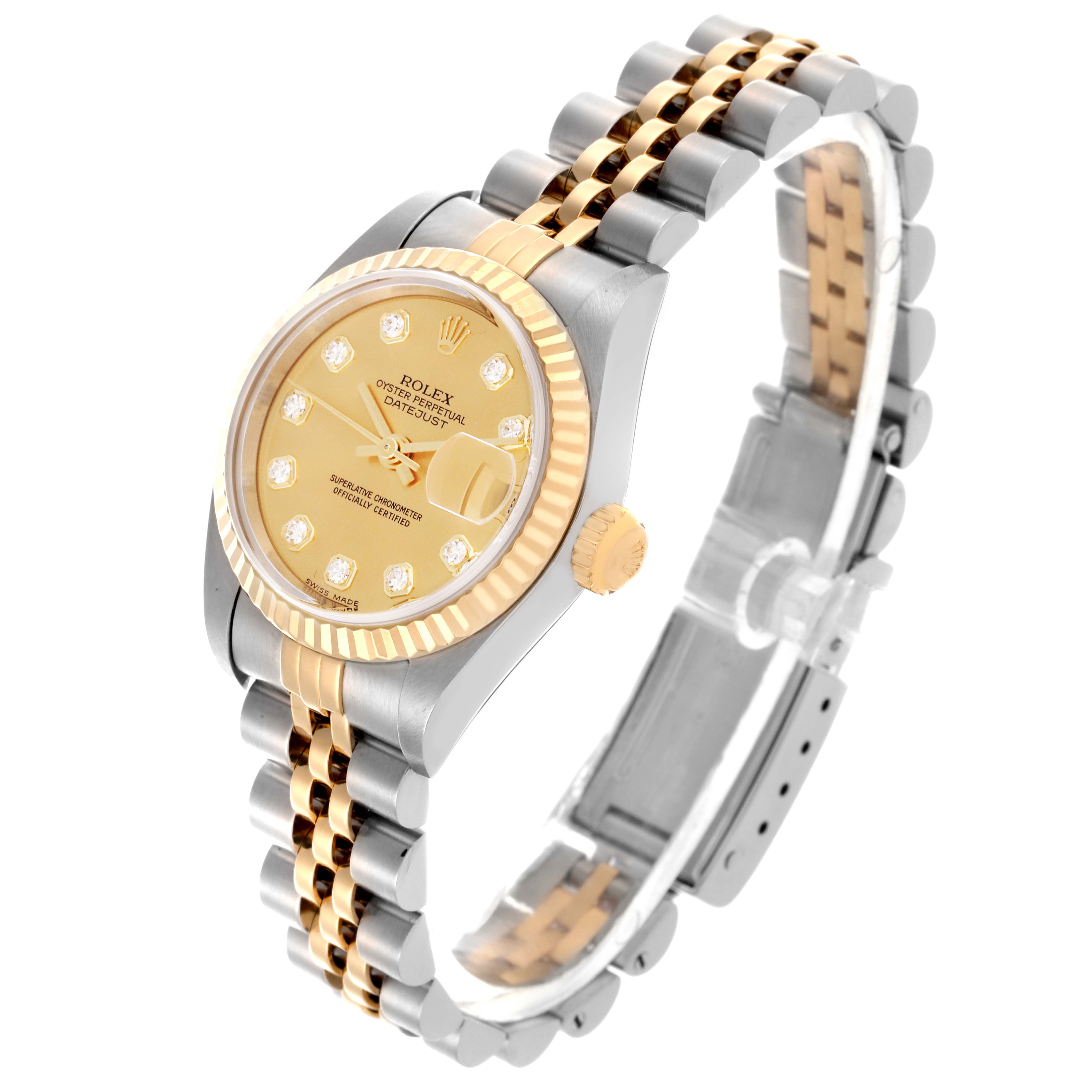 The Rolex Datejust 79173 Men's Steel and Gold (two tone) Champagne Dial 79173 Men's Steel and Gold (two tone) Champagne Dial is shown at a three-quarter angle, highlighting the gold bezel, dial, and two-tone bracelet.