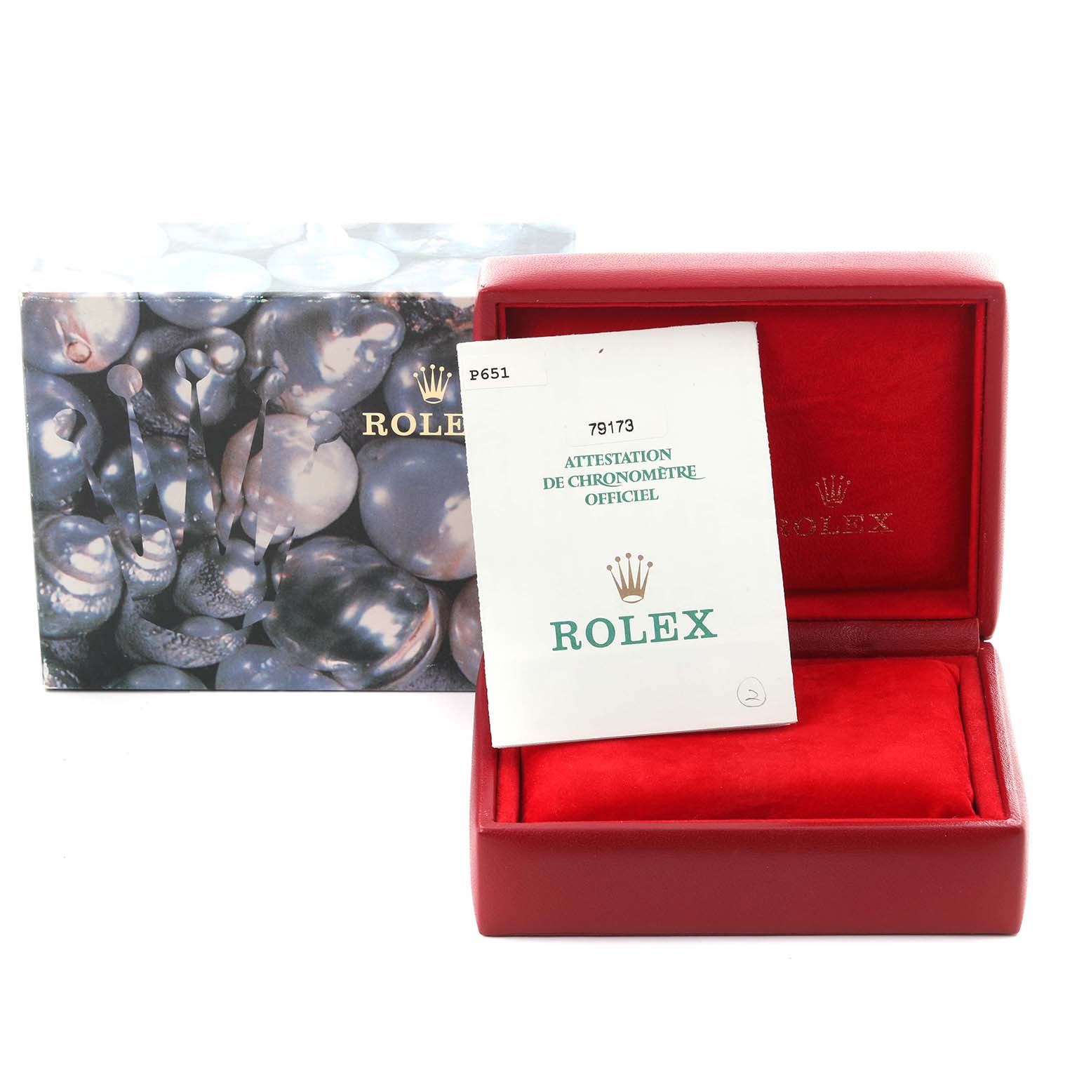 The image shows the Rolex Datejust 79173 Women
s Steel and Gold (two tone) Champagne Dial 79173 Women
s Steel and Gold (two tone) Champagne Dial box and papers, emphasizing the box interior and official documentation.