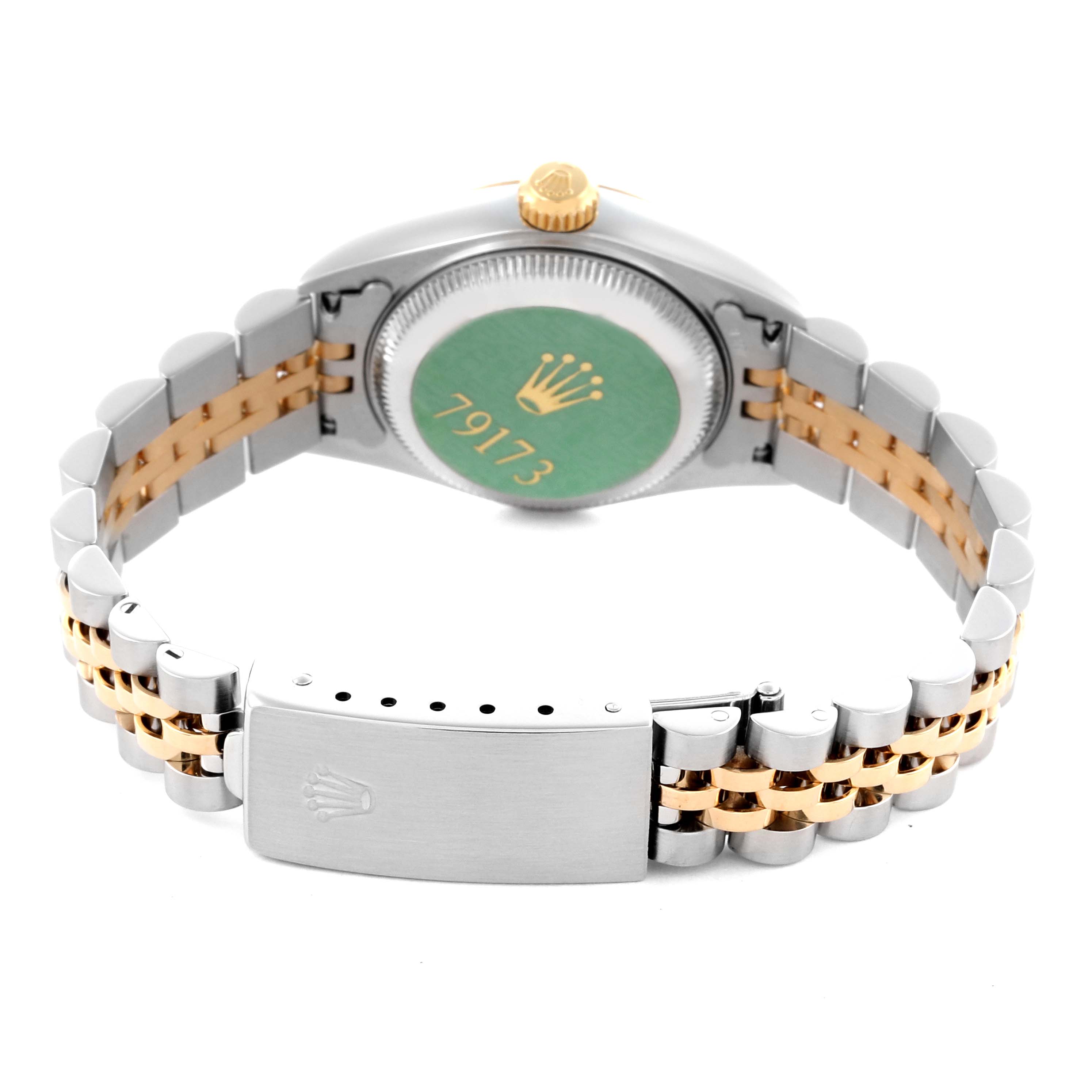 The image shows the back and bracelet of a Rolex Datejust 79173 Women
s Steel and Gold (two tone) Champagne Dial 79173 Women
s Steel and Gold (two tone) Champagne Dial, highlighting the clasp and case back.