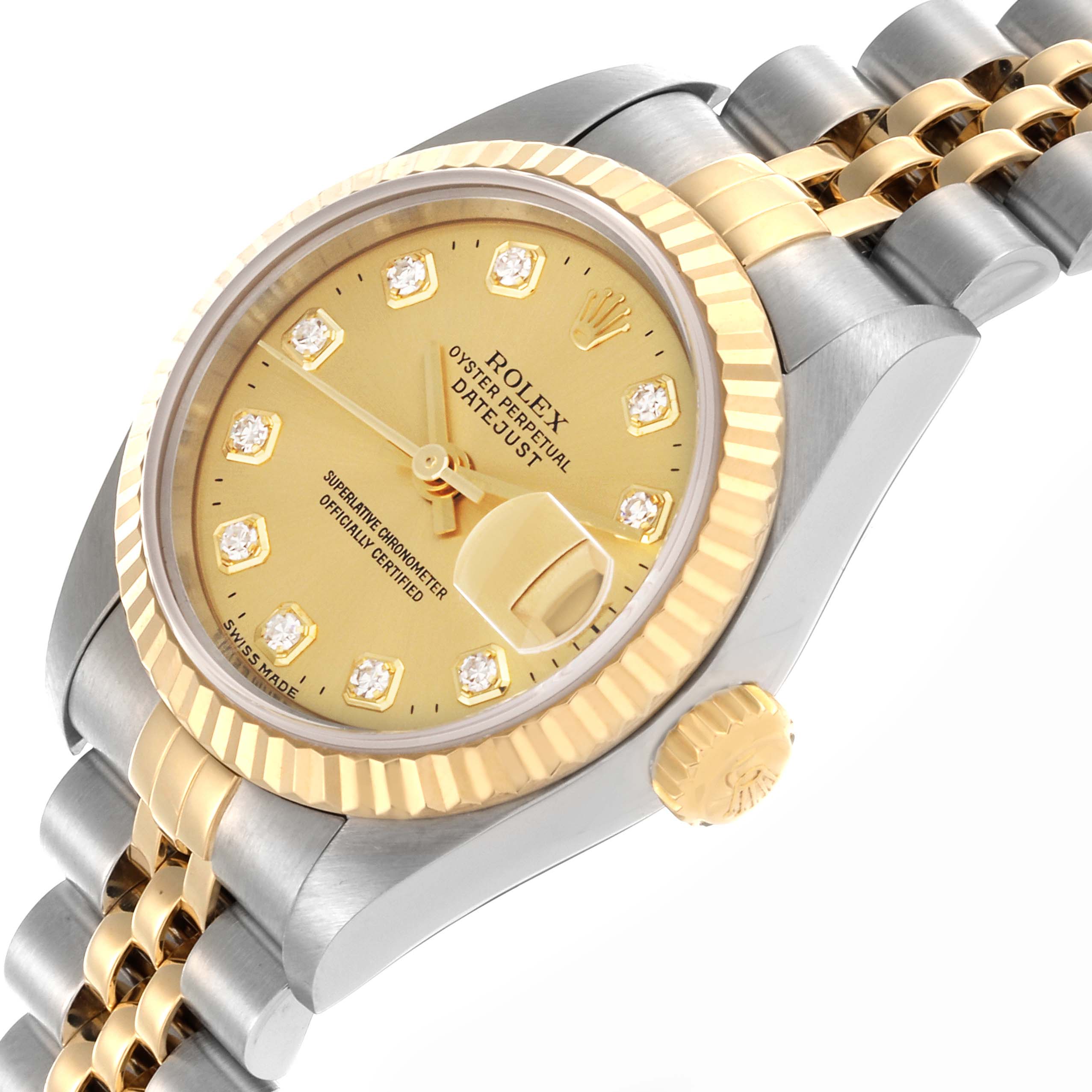 The Rolex Datejust 79173 Women
s Steel and Gold (two tone) Champagne Dial 79173 Women
s Steel and Gold (two tone) Champagne Dial watch is shown from a slight side angle, highlighting its dial, bezel, and bracelet.