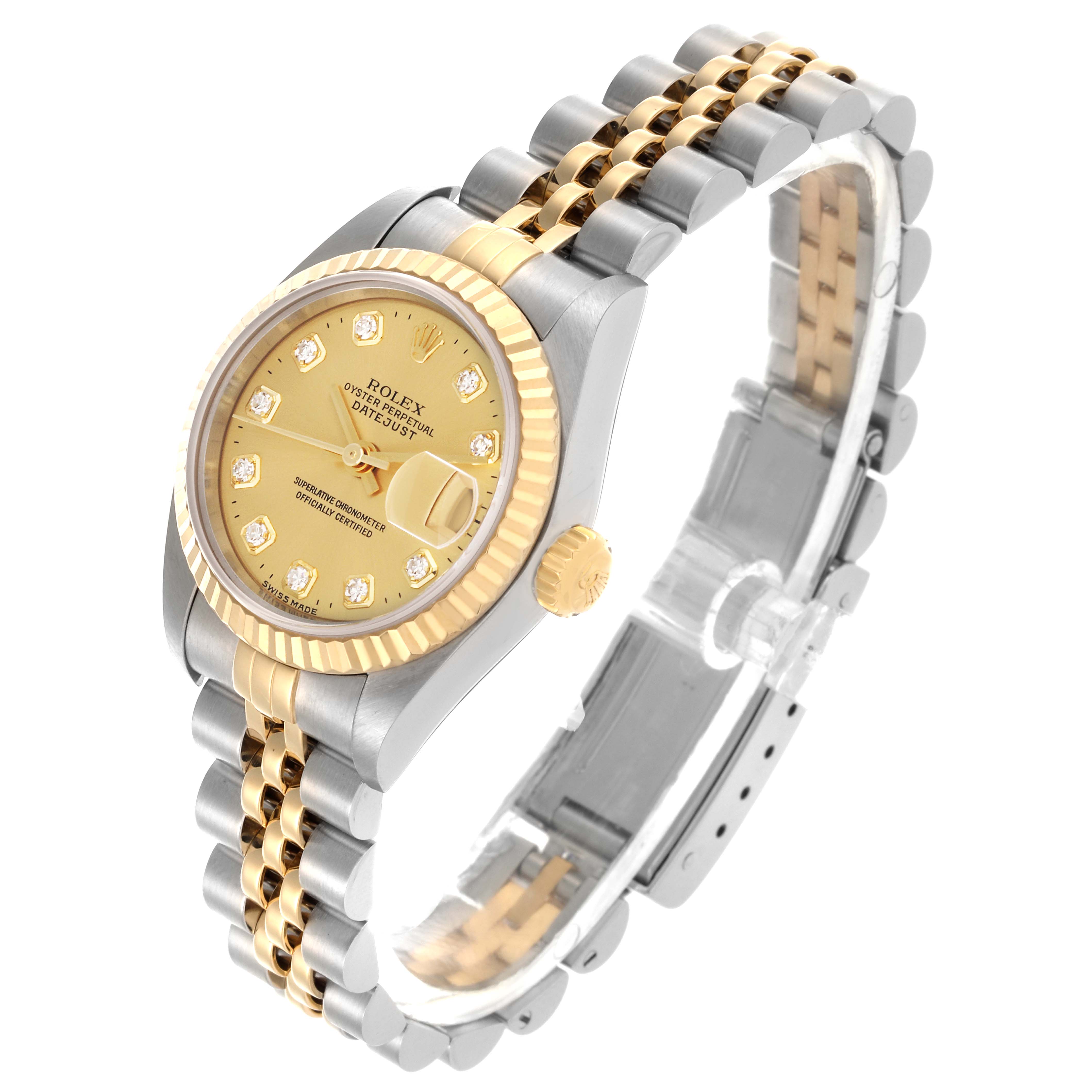 The Rolex Datejust 79173 Women
s Steel and Gold (two tone) Champagne Dial 79173 Women
s Steel and Gold (two tone) Champagne Dial watch is shown at an angle highlighting the dial, fluted bezel, and two-tone bracelet.