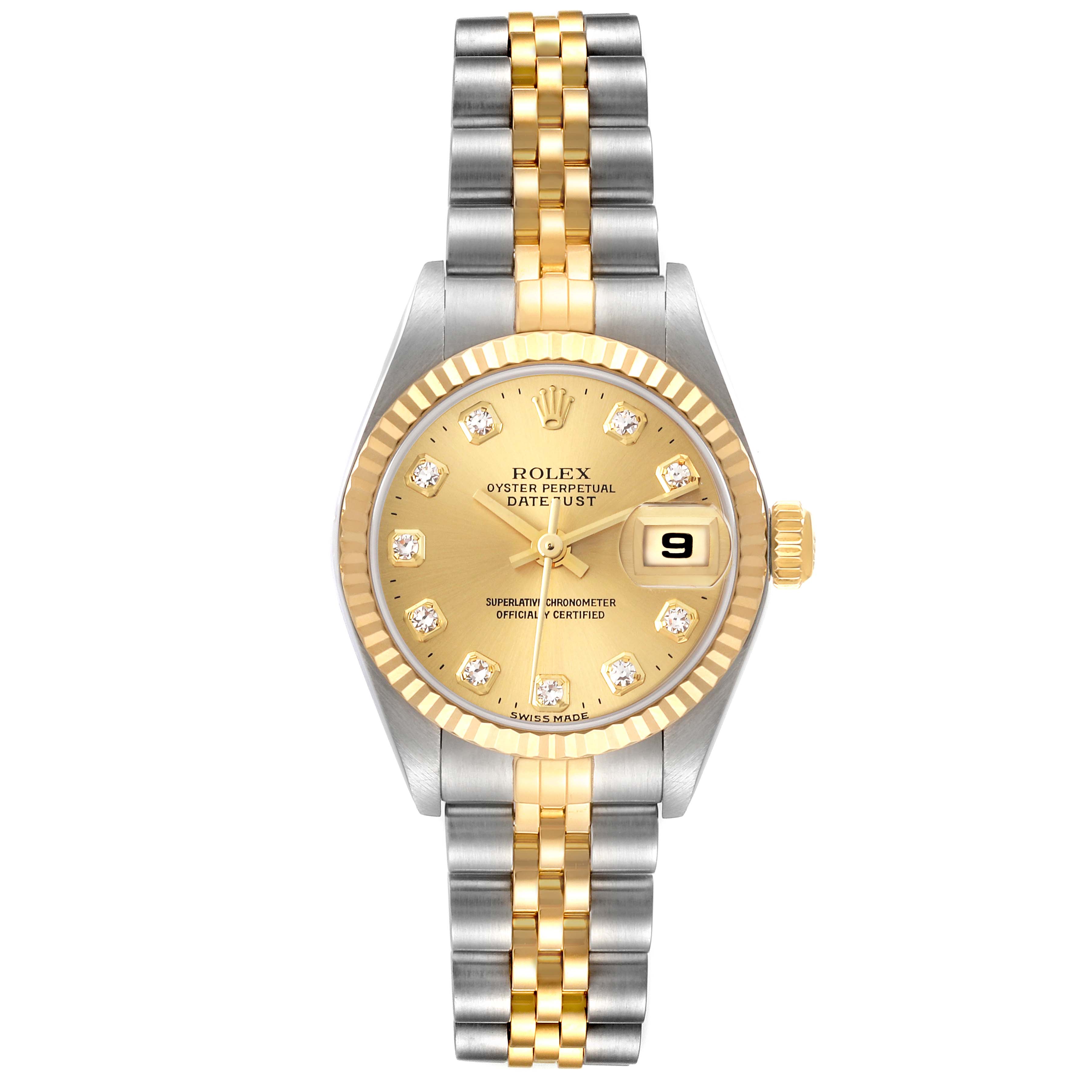 The Rolex Datejust 79173 Women
s Steel and Gold (two tone) Champagne Dial 79173 Women
s Steel and Gold (two tone) Champagne Dial is shown from a top-down angle, highlighting the fluted bezel, dial, crown, and Jubilee bracelet.