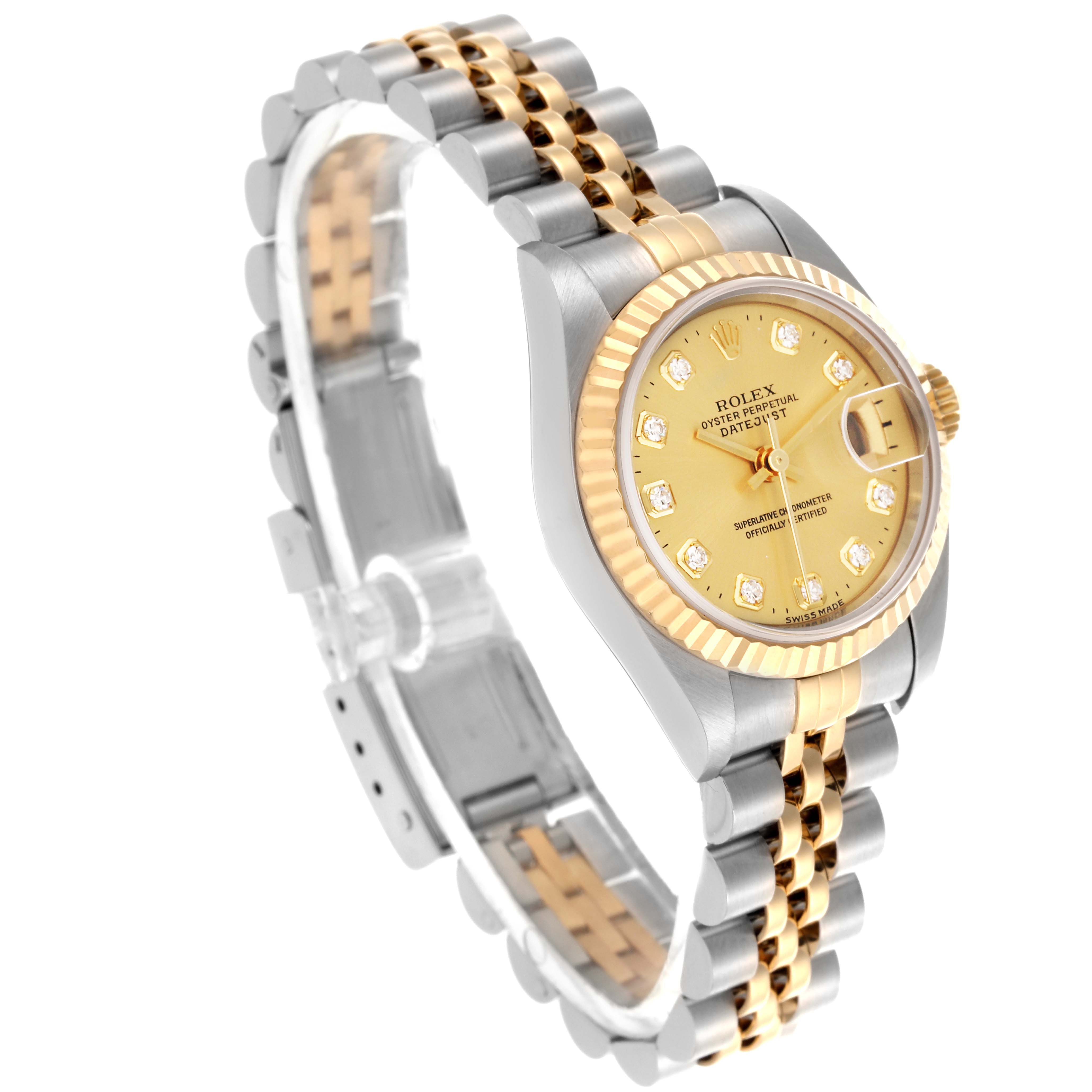 The Rolex Datejust 79173 Women
s Steel and Gold (two tone) Champagne Dial 79173 Women
s Steel and Gold (two tone) Champagne Dial watch is shown at an elevated angle, displaying the face, bezel, and two-tone bracelet.