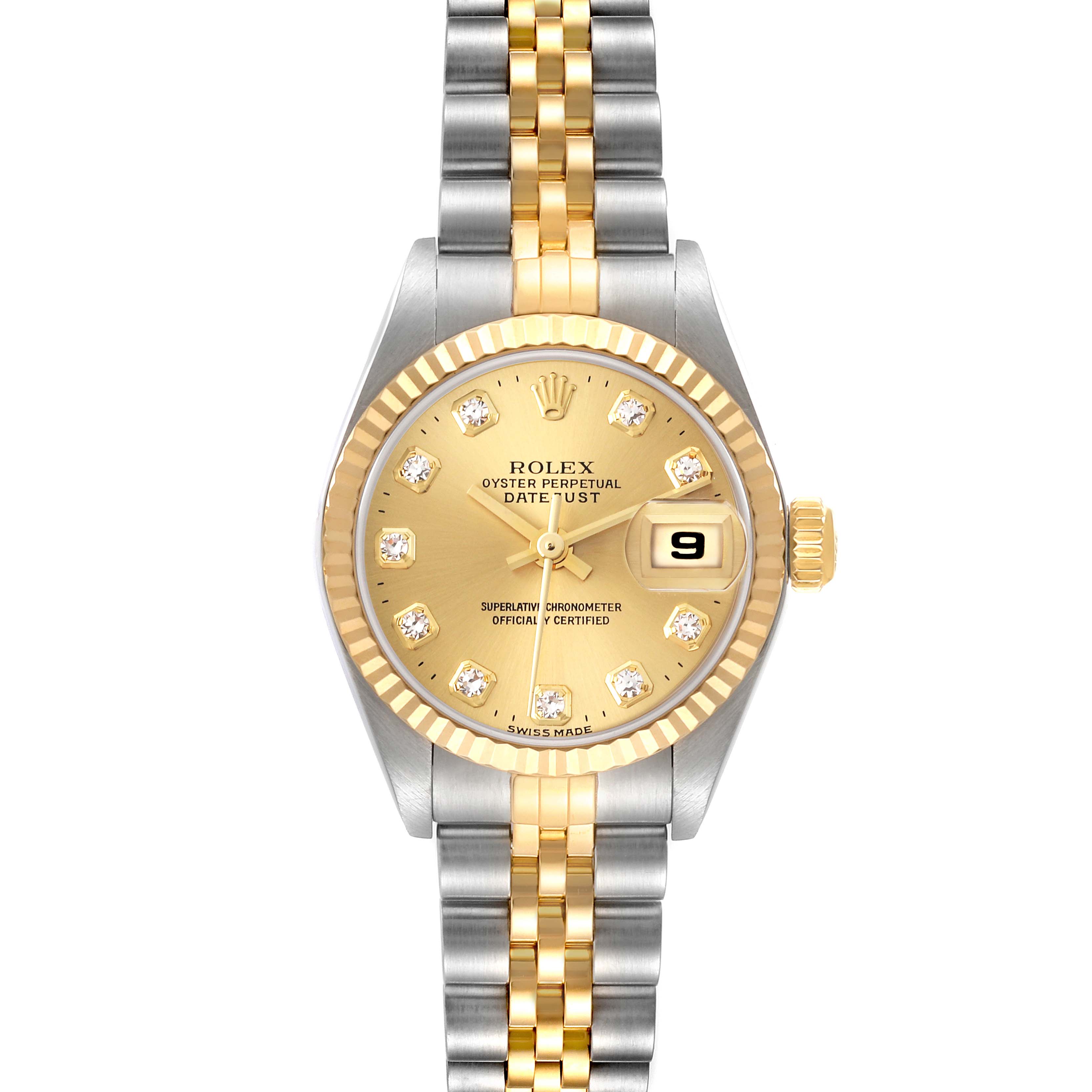 The Rolex Datejust 79173 Women
s Steel and Gold (two tone) Champagne Dial 79173 Women
s Steel and Gold (two tone) Champagne Dial watch is shown from a front view, displaying the dial, bezel, and part of the bracelet.