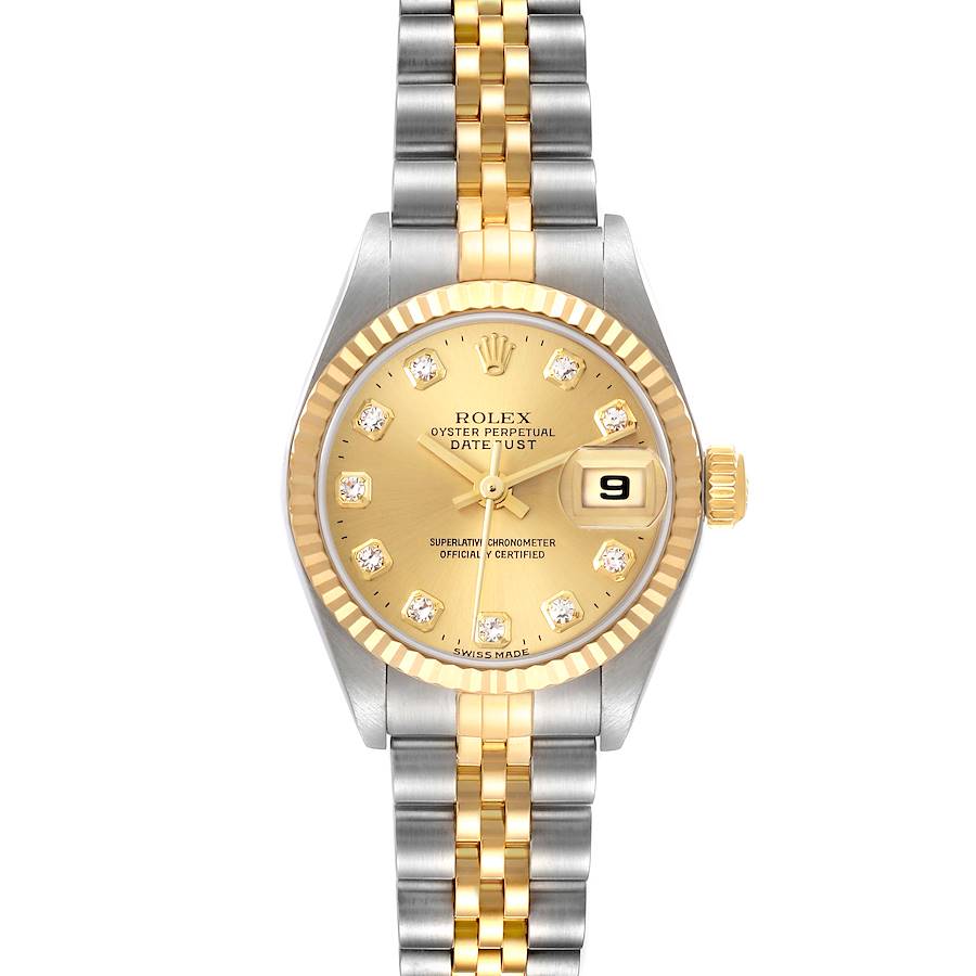 The Rolex Datejust watch is shown from a front view, displaying the dial, bezel, and part of the bracelet.