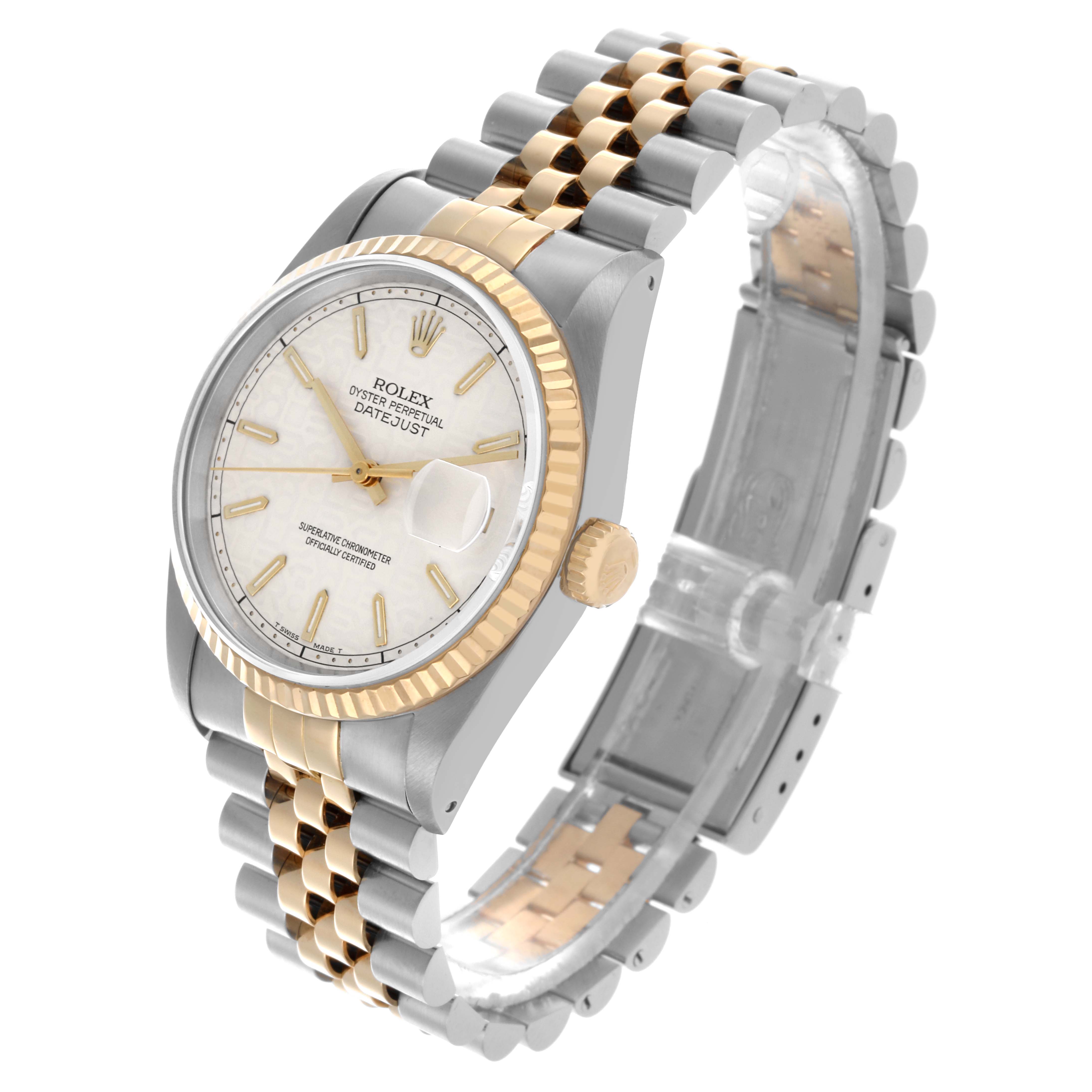 The Rolex Datejust 16233 Men's Steel and Gold (two tone) Beige Dial 16233 Men's Steel and Gold (two tone) Beige Dial watch is shown at an angled view, displaying its face, bezel, crown, and bracelet.