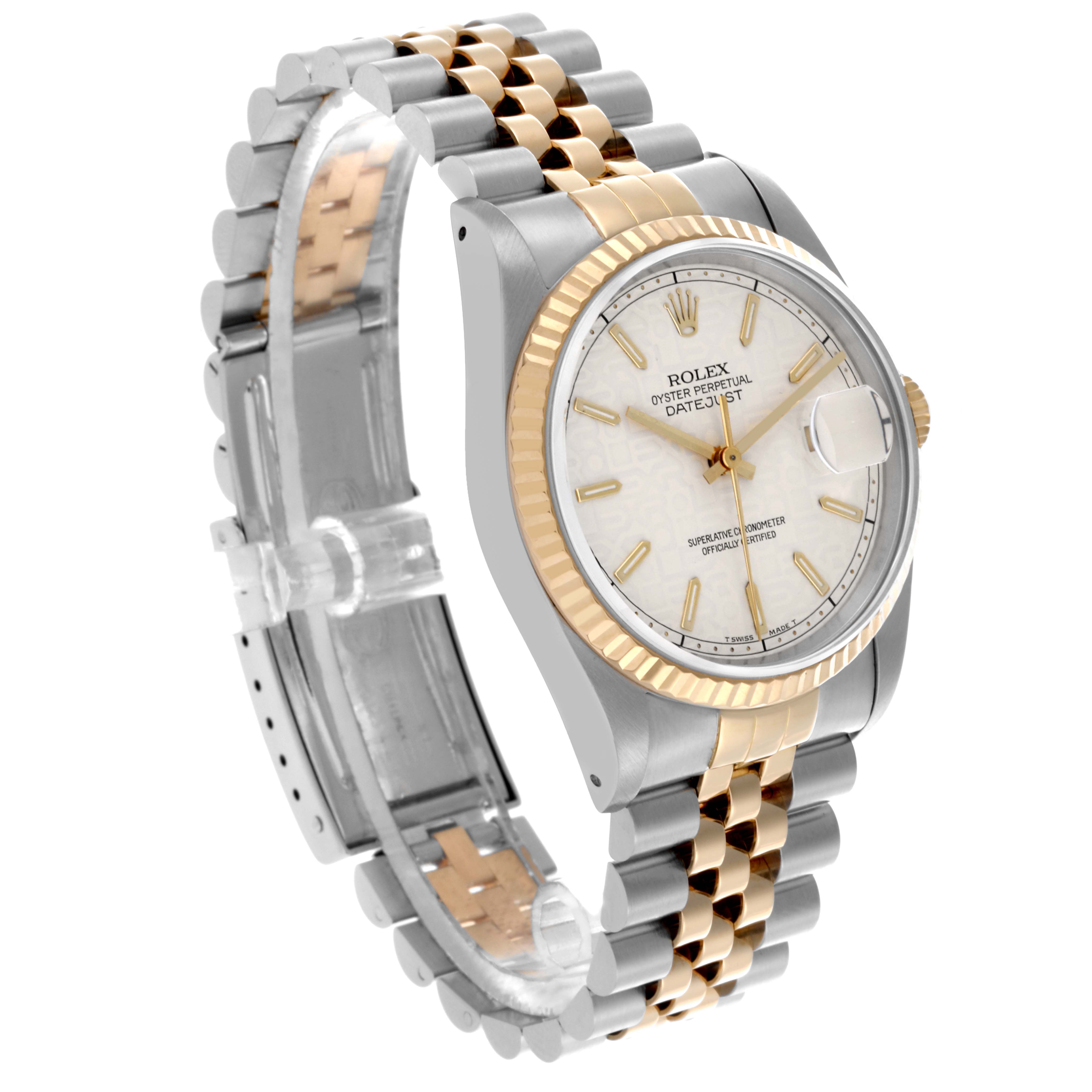 The Rolex Datejust 16233 Men's Steel and Gold (two tone) Beige Dial 16233 Men's Steel and Gold (two tone) Beige Dial watch is shown at a left-side angle, featuring its face, bezel, and two-tone bracelet.