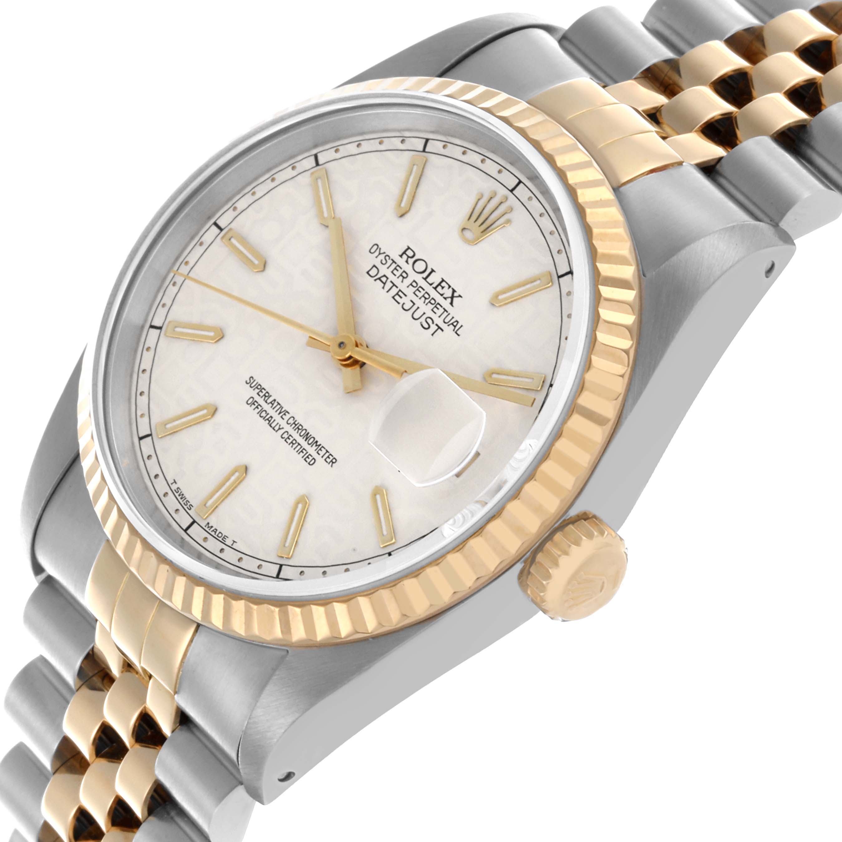 The Rolex Datejust 16233 Men's Steel and Gold (two tone) Beige Dial 16233 Men's Steel and Gold (two tone) Beige Dial watch is shown from an angled perspective displaying the dial, bezel, crown, and part of the bracelet.