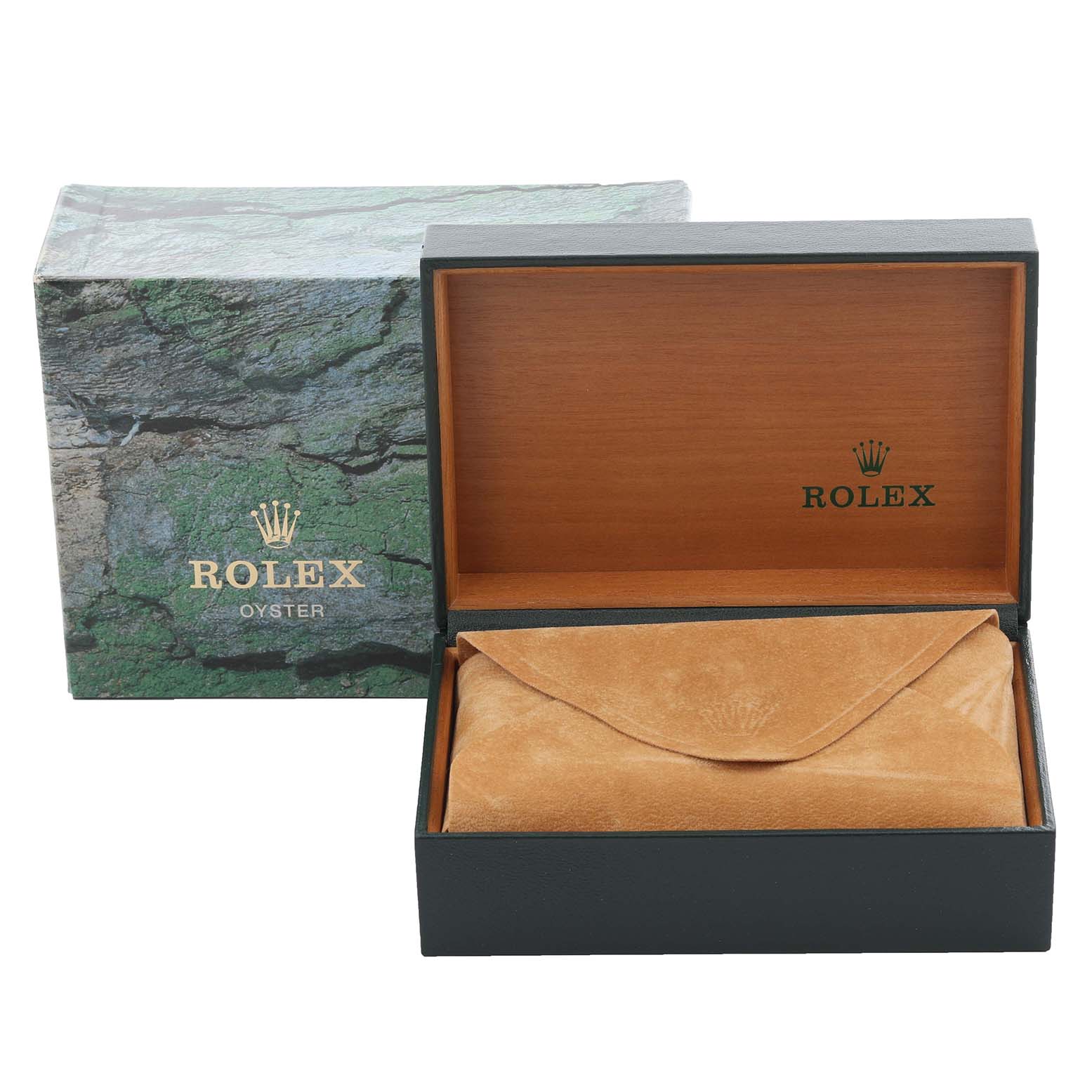 The image shows the box and pouch for a Rolex Datejust 16233 Men's Steel and Gold (two tone) Beige Dial 16233 Men's Steel and Gold (two tone) Beige Dial watch, highlighting its packaging from a frontal angle.