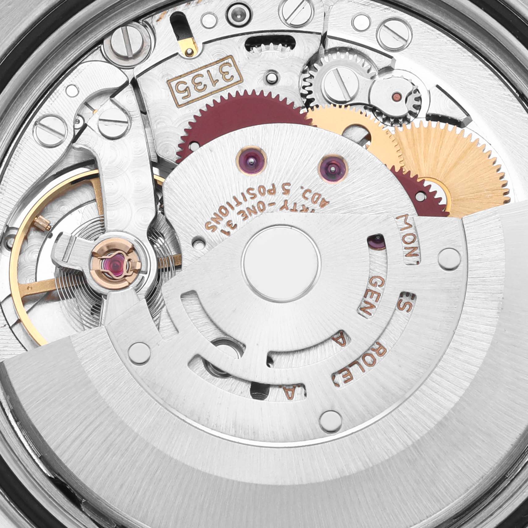 The image shows an internal view of the Rolex Datejust 16233 Men's Steel and Gold (two tone) Beige Dial 16233 Men's Steel and Gold (two tone) Beige Dial watch movement, focusing on the rotor and cogwheels.