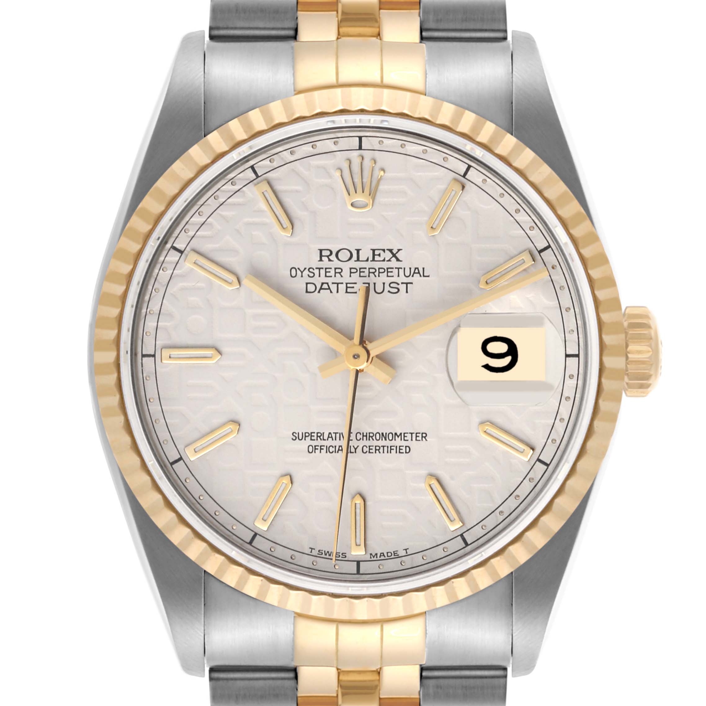 The image shows a front view of the Rolex Datejust 16233 Men's Steel and Gold (two tone) Beige Dial 16233 Men's Steel and Gold (two tone) Beige Dial watch, highlighting its dial, hands, date window, and bezel.