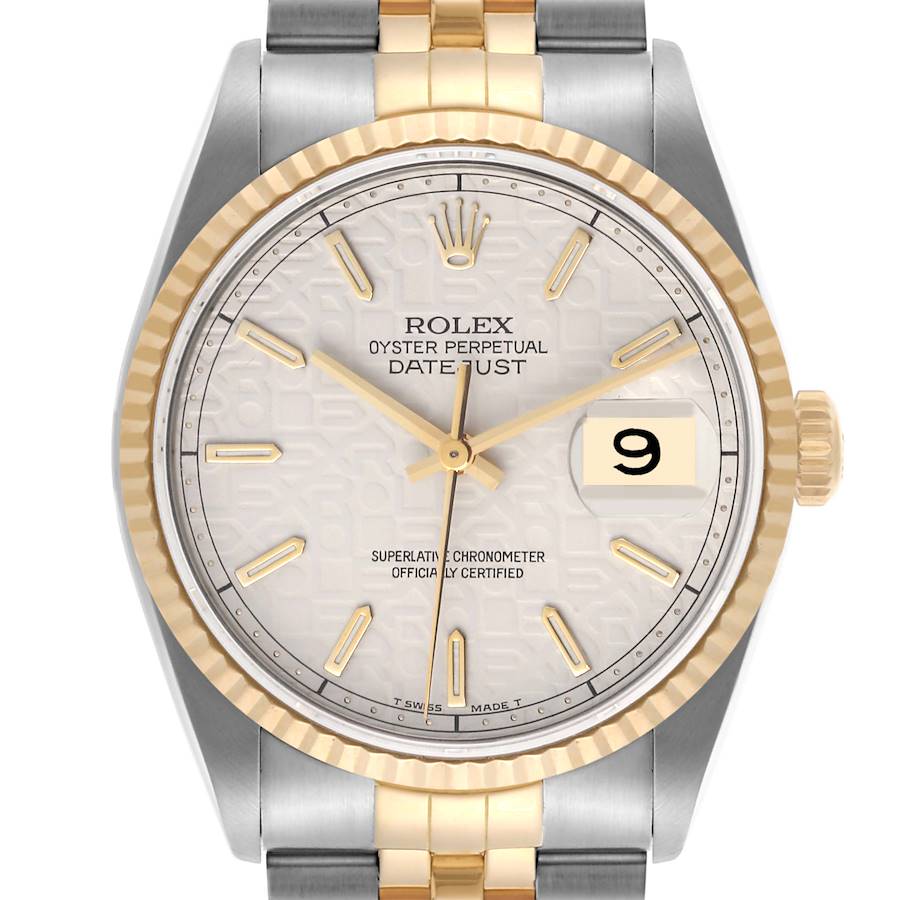 The image shows a front view of the Rolex Datejust watch, highlighting its dial, hands, date window, and bezel.