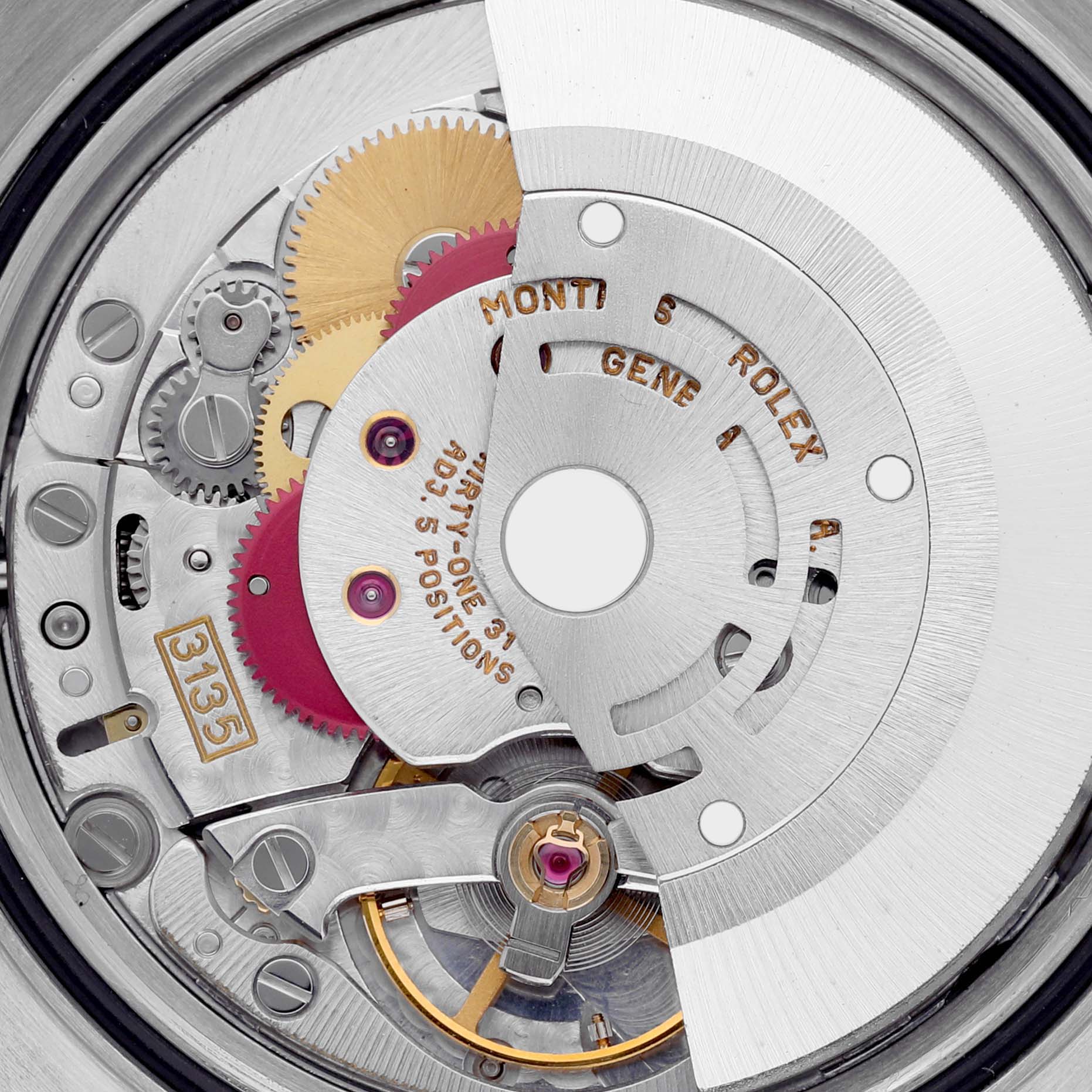 The image shows an angled view of the Rolex Datejust 16233 Men's Steel and Gold (two tone) Beige Dial 16233 Men's Steel and Gold (two tone) Beige Dial's internal movement components.