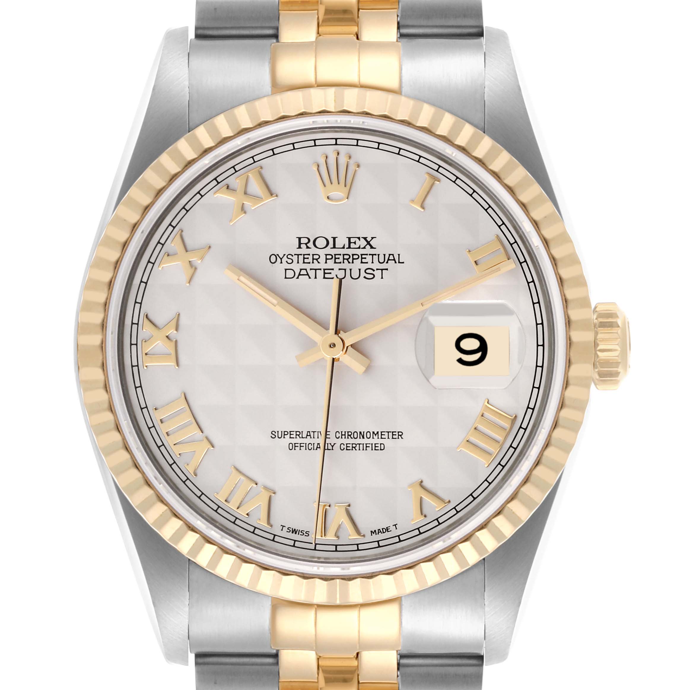The Rolex Datejust 16233 Men's Steel and Gold (two tone) Beige Dial 16233 Men's Steel and Gold (two tone) Beige Dial watch is shown from the front, displaying the dial, bezel, crown, and part of the bracelet.