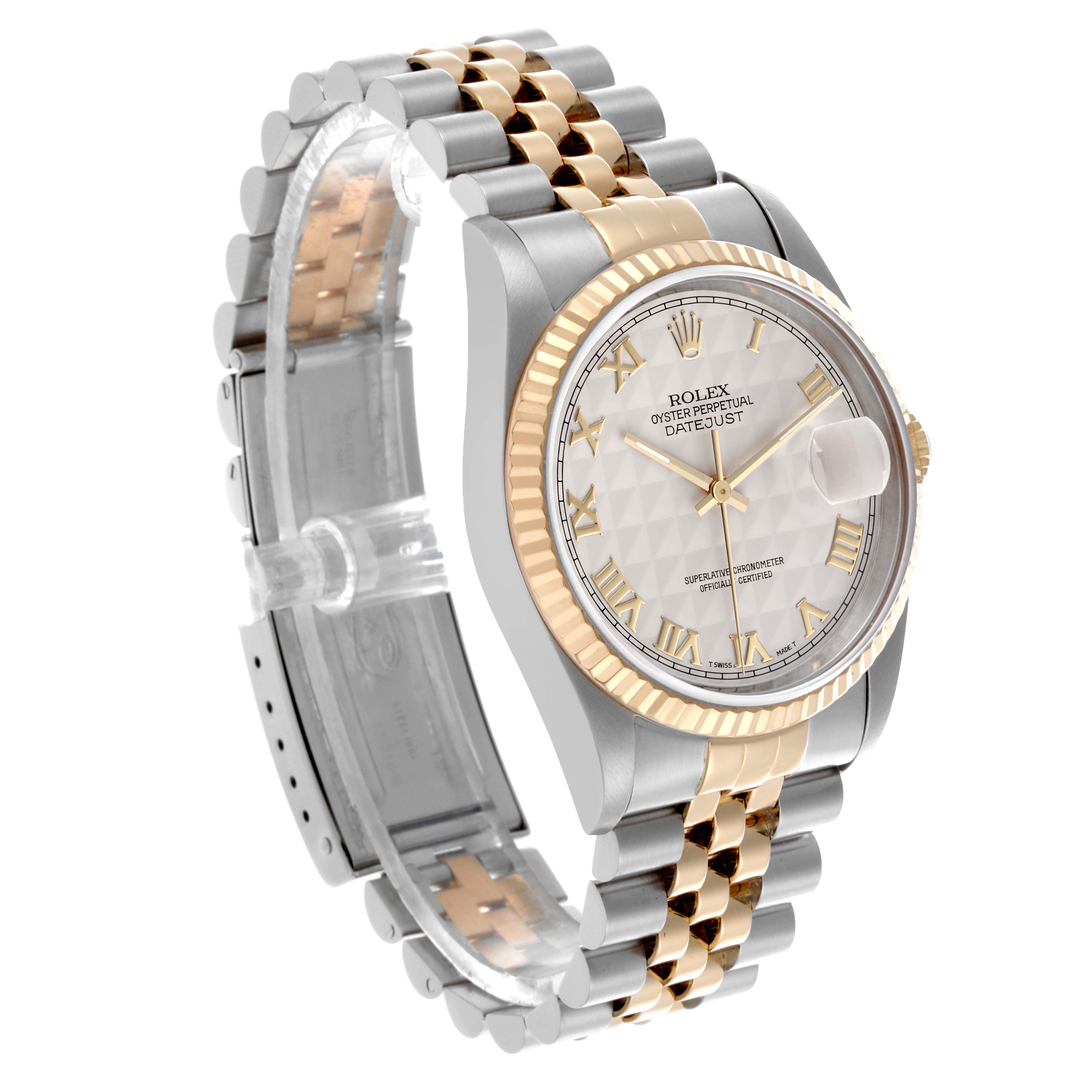 The Rolex Datejust 16233 Men's Steel and Gold (two tone) Beige Dial 16233 Men's Steel and Gold (two tone) Beige Dial watch is shown at a three-quarter angle, highlighting the dial, bracelet, and fluted bezel.