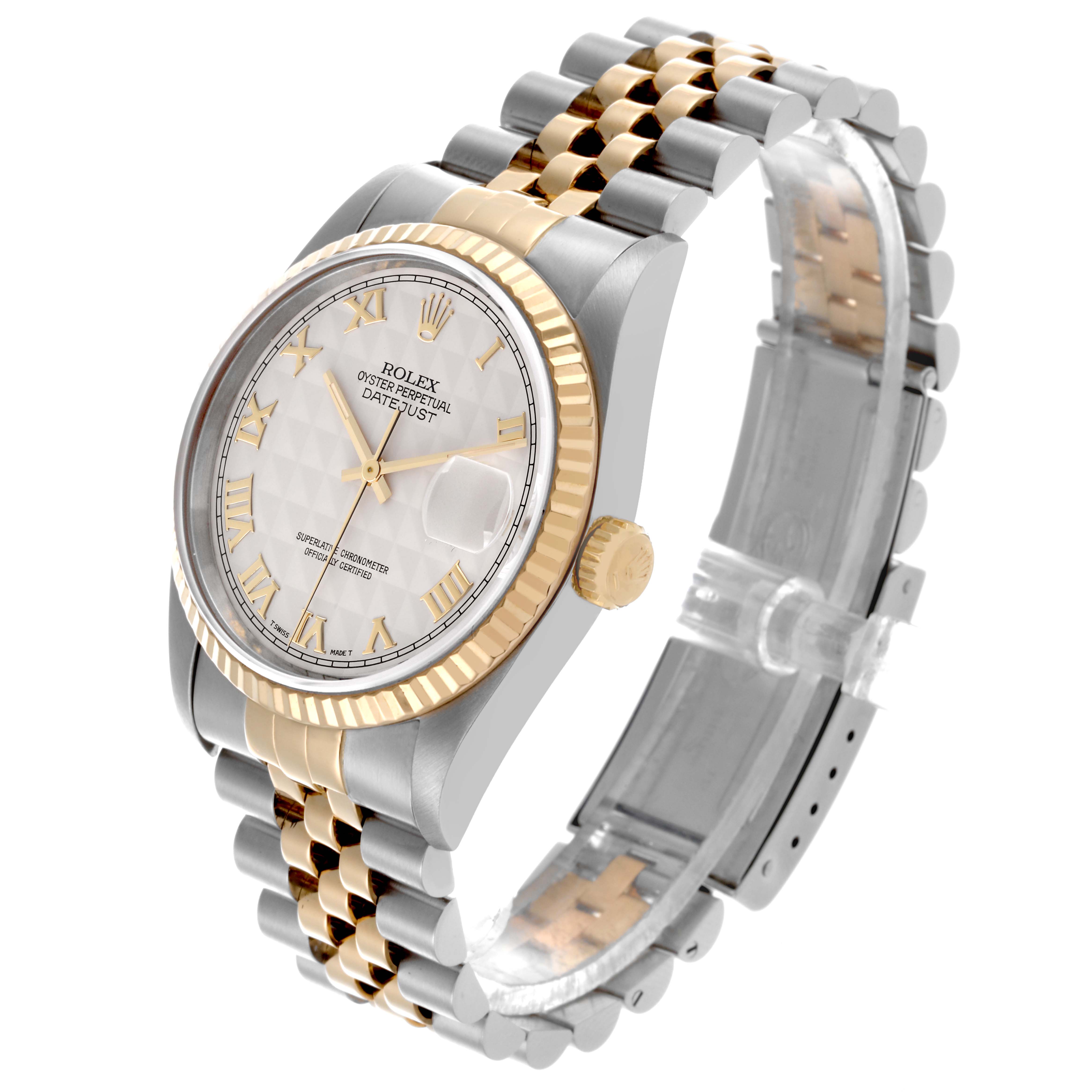 The Rolex Datejust 16233 Men's Steel and Gold (two tone) Beige Dial 16233 Men's Steel and Gold (two tone) Beige Dial is shown at a three-quarter angle, highlighting the dial, bezel, crown, and Jubilee bracelet.