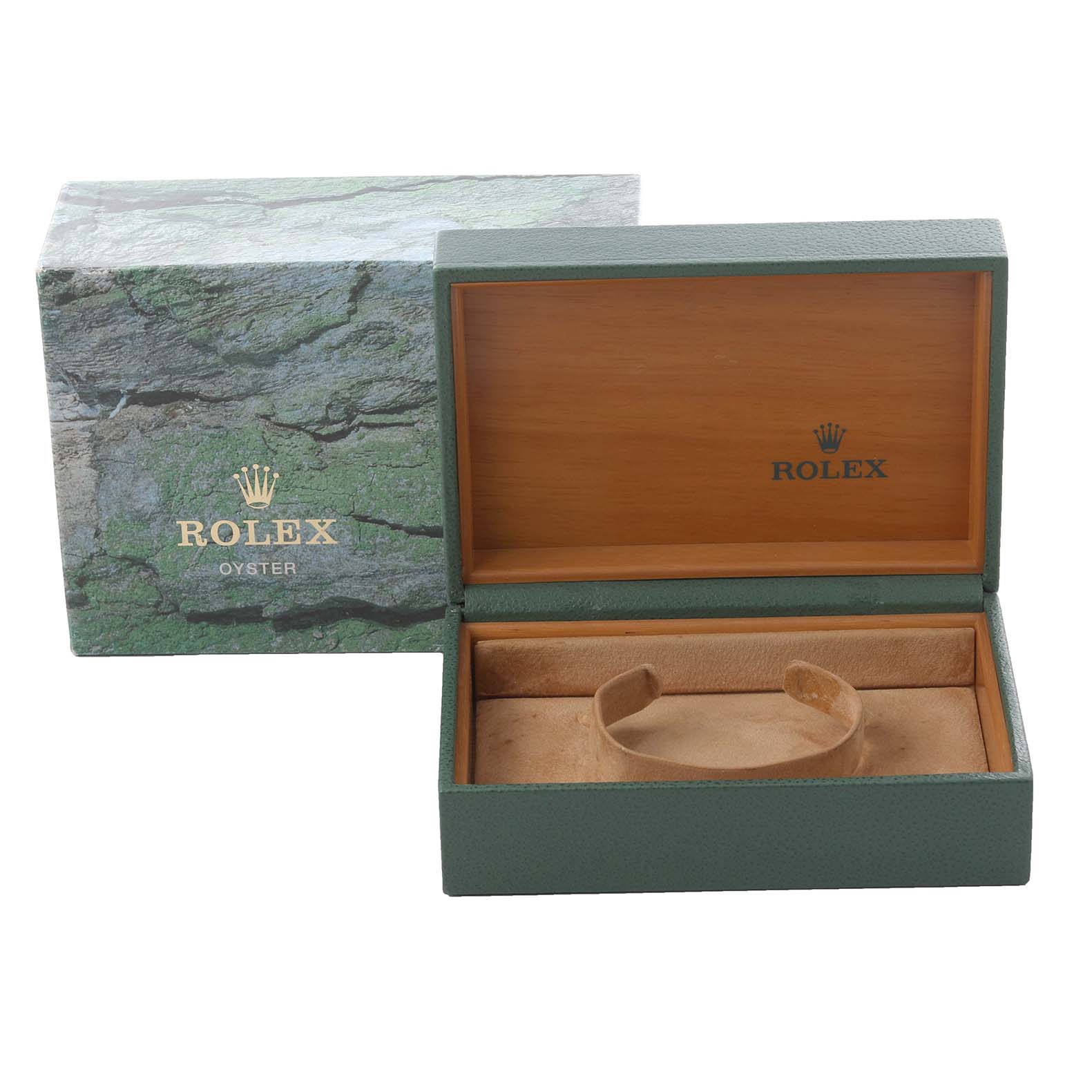 The image shows an open and closed green Rolex Datejust 16233 Men's Steel and Gold (two tone) Beige Dial 16233 Men's Steel and Gold (two tone) Beige Dial box, highlighting the interior holder and exterior branding.